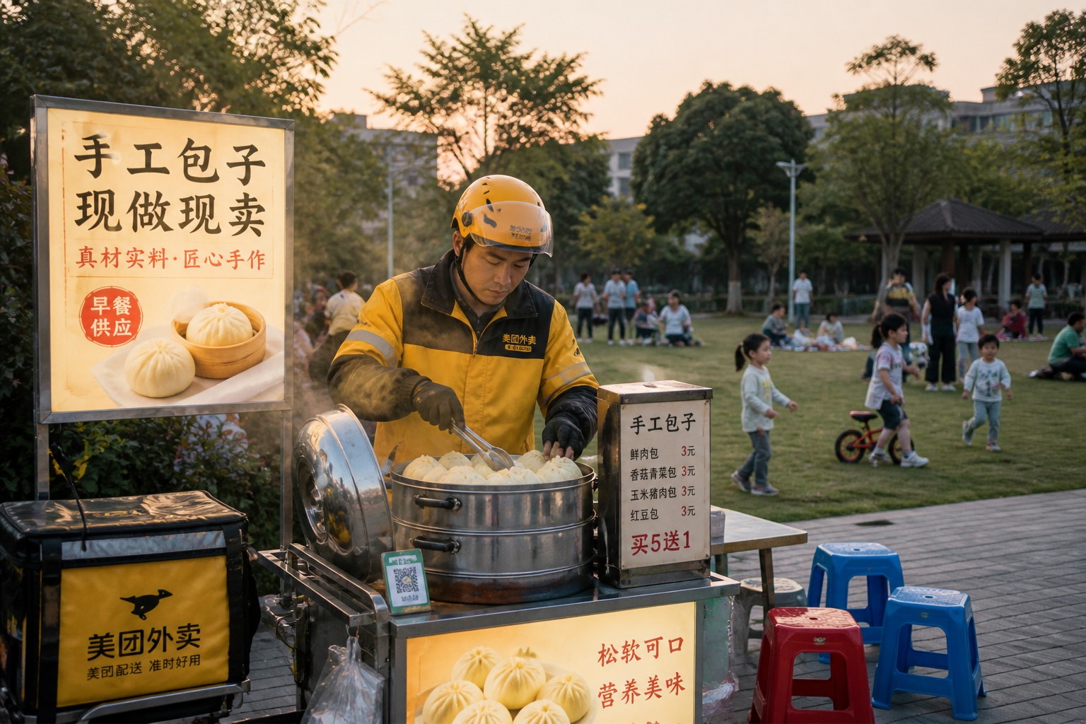 A delivery rider selling handmade buns at a weekend street stall in Guangzhou, representing the side hustle economy.