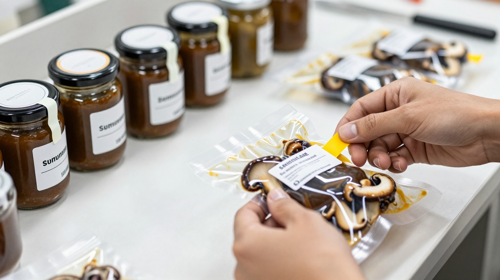 Workers packaging Yunnan mushroom sauce for e-commerce export, showing modern labeling and sealing techniques.