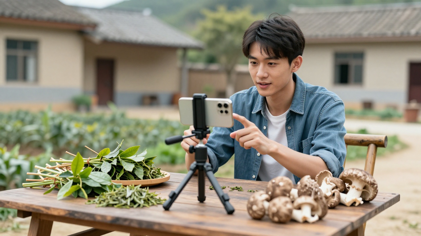 Rural entrepreneur livestreaming from his village home to showcase local Yunnan produce.