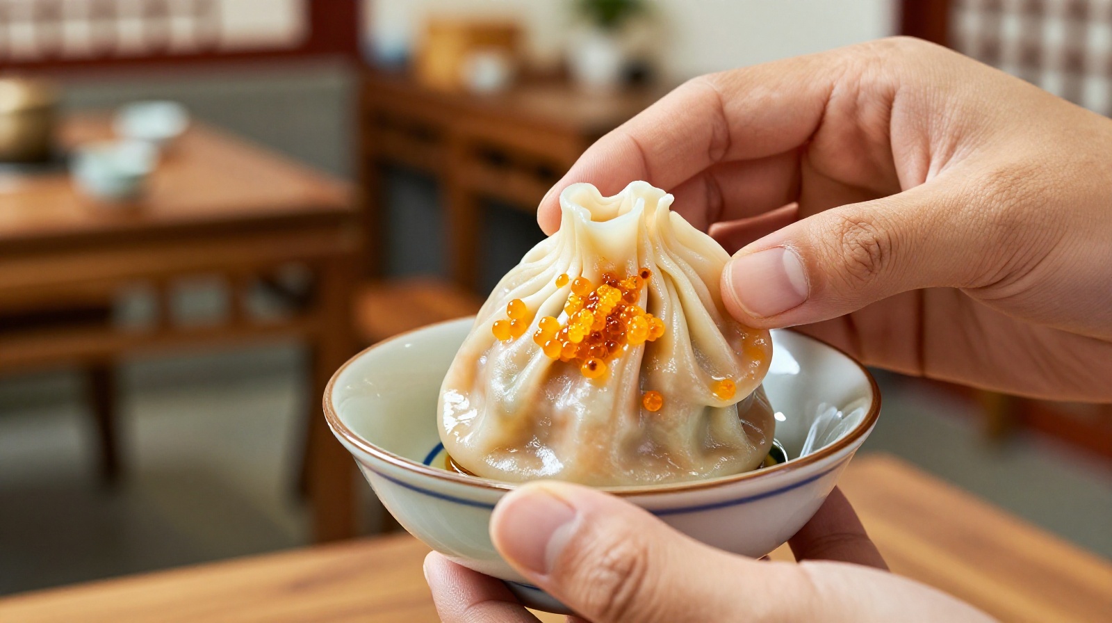 A close-up of a person eating Jiangsu-style crab roe soup dumplings, showing the delicate food culture in Suzhou.