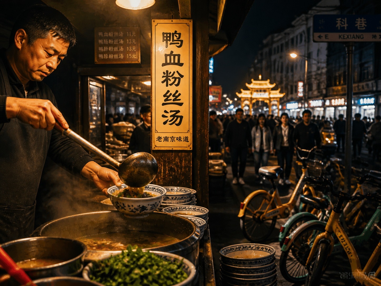 A night market vendor serving duck blood vermicelli soup, a popular late-night comfort food in Nanjing.
