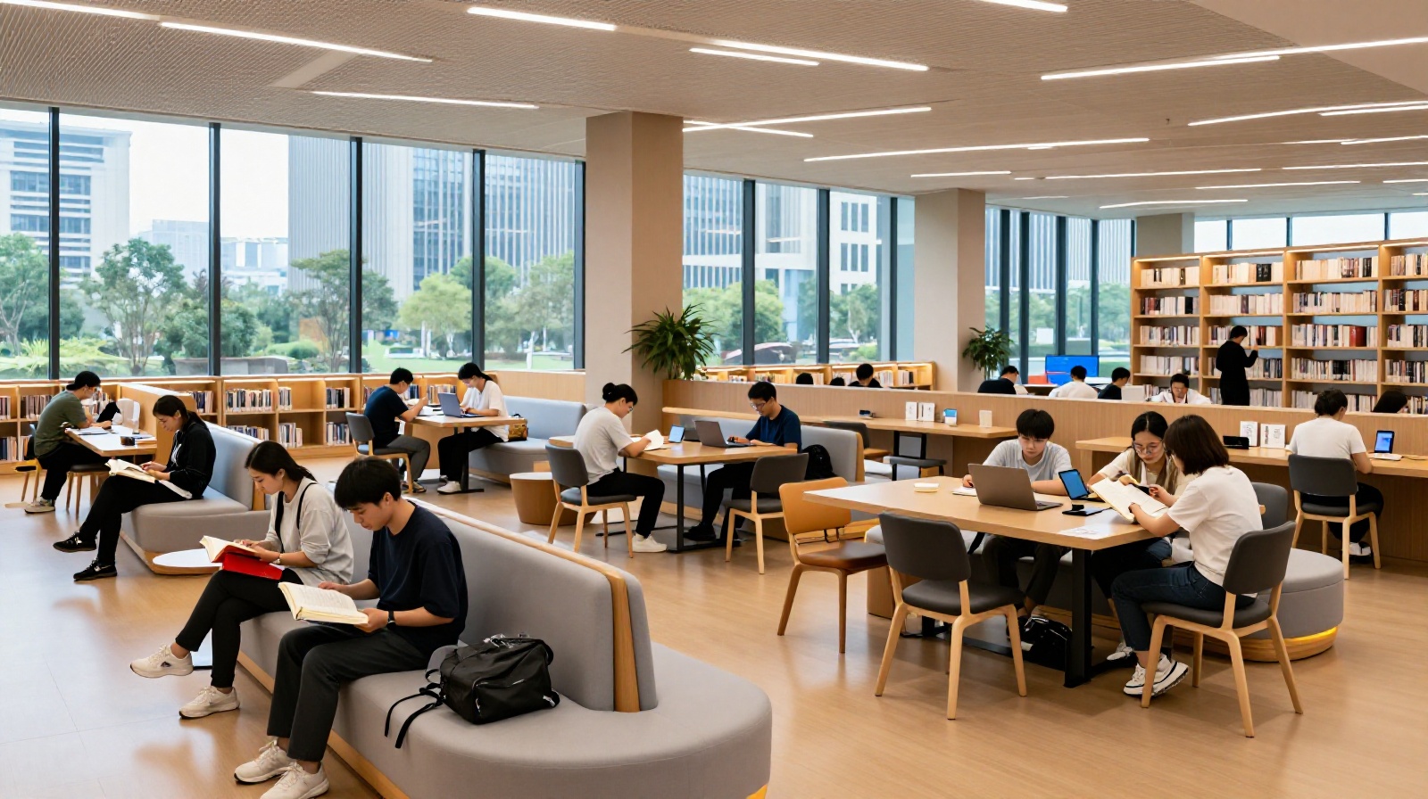 A peaceful modern public library in Jiangsu serving as a community hub for study and leisure.