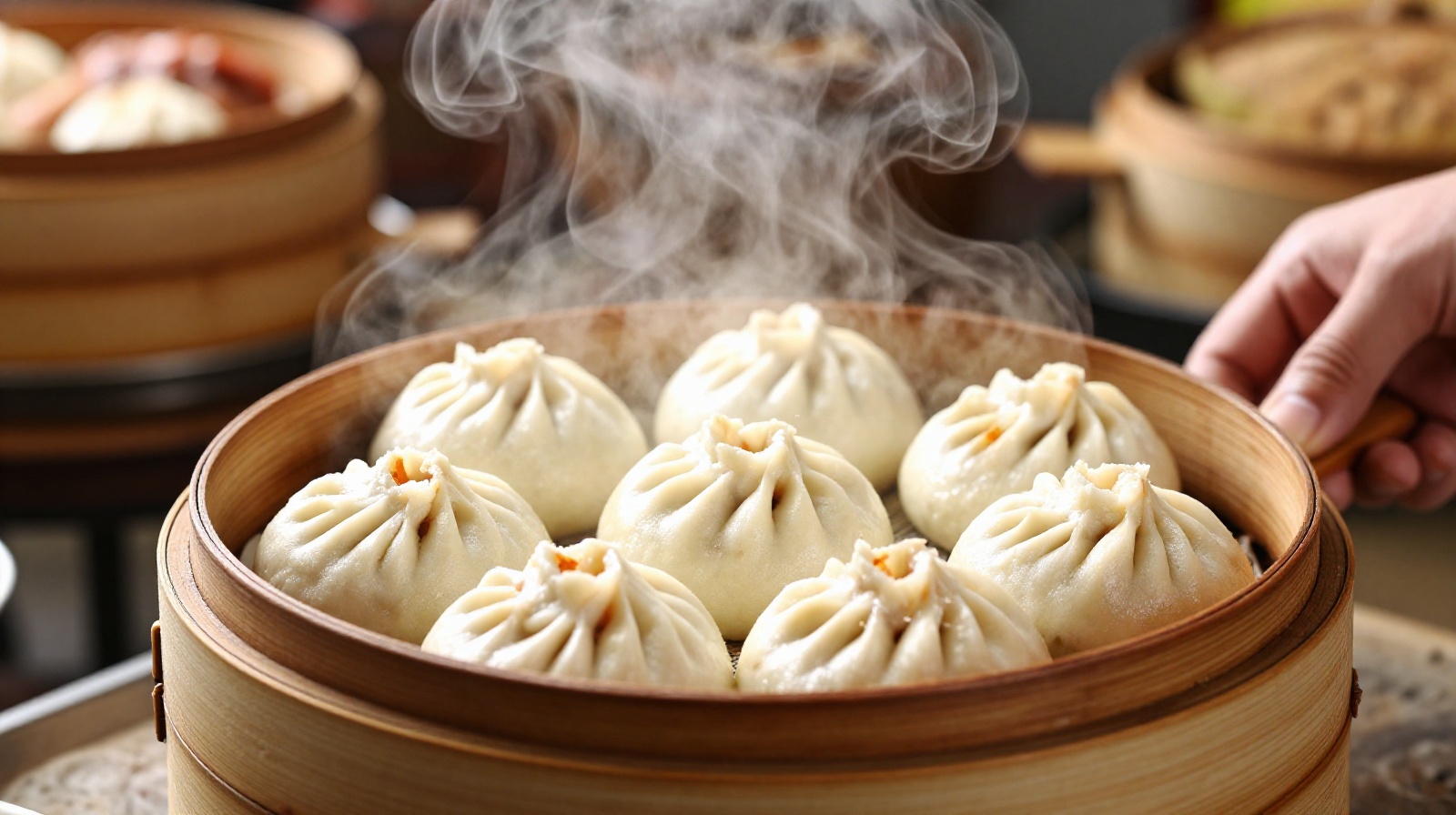 Close up of steaming bamboo basket containing fresh Yangzhou pork buns in a traditional teahouse