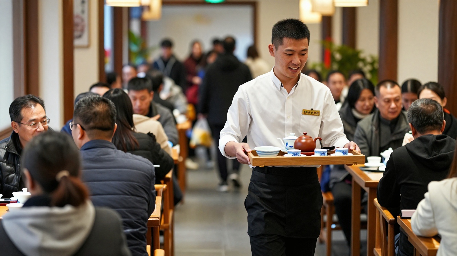 Waiter carrying a large tray of food and tea in a busy Yangzhou teahouse