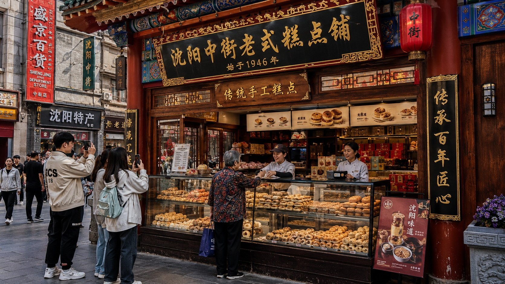 Traditional bakery in Shenyang Zhongjie showing intergenerational interaction between elderly customers and young tourists