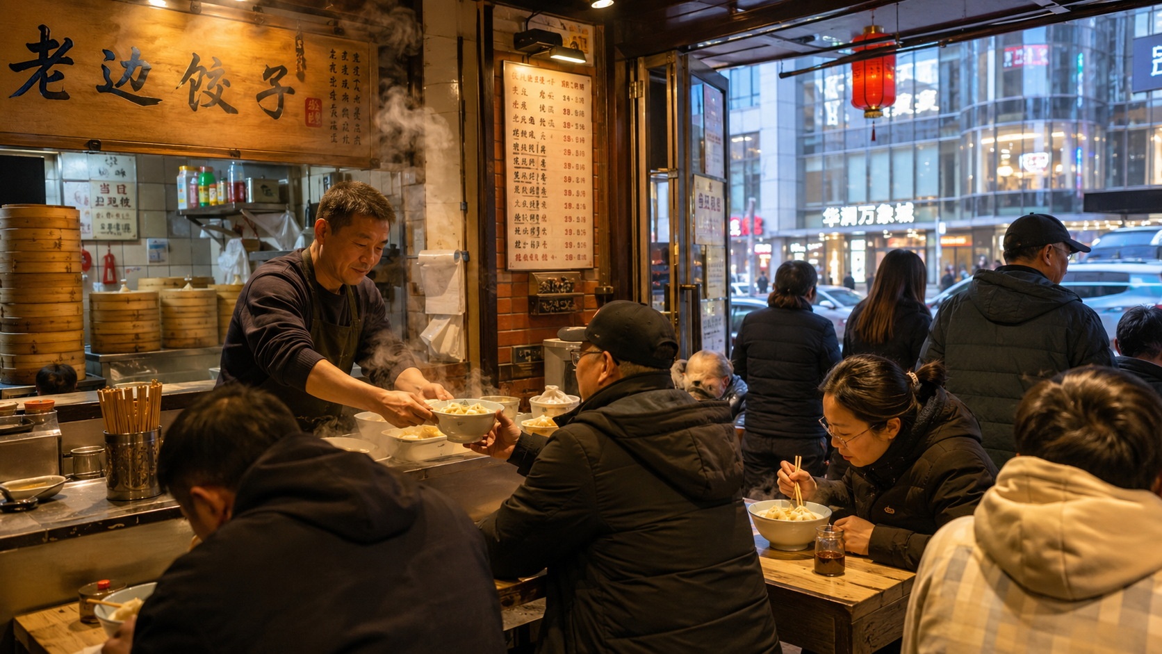 Local dumpling shop owner serving customers in Shenyang, illustrating everyday resilience