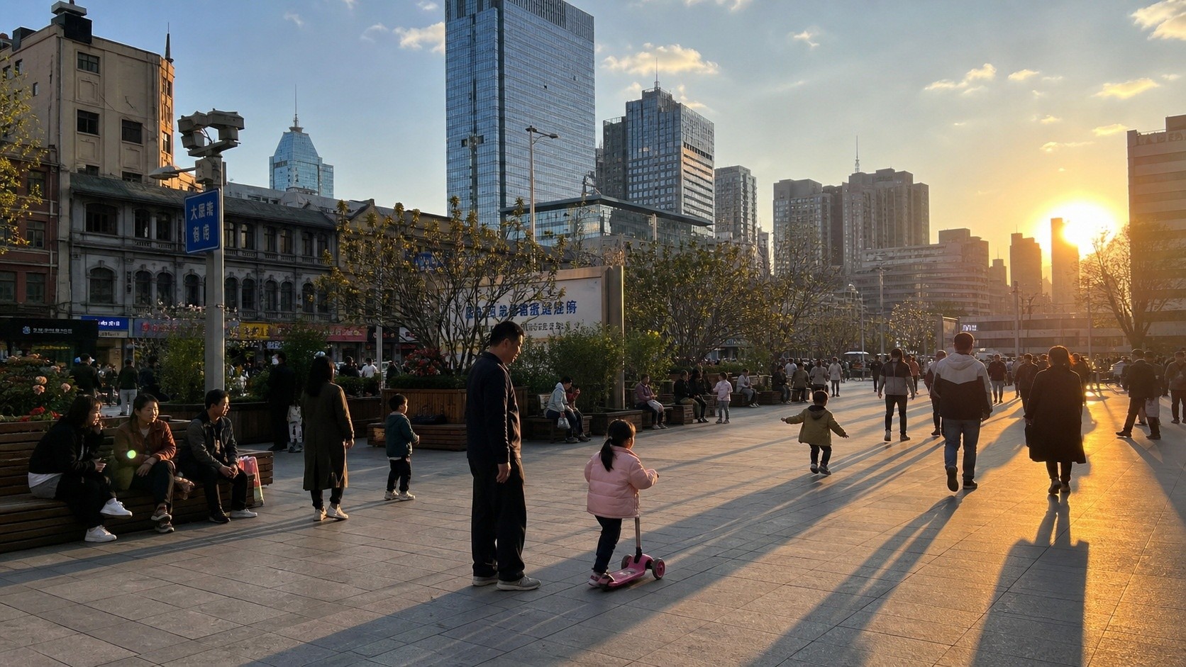Public life in Shenyang showing families and young people enjoying urban spaces