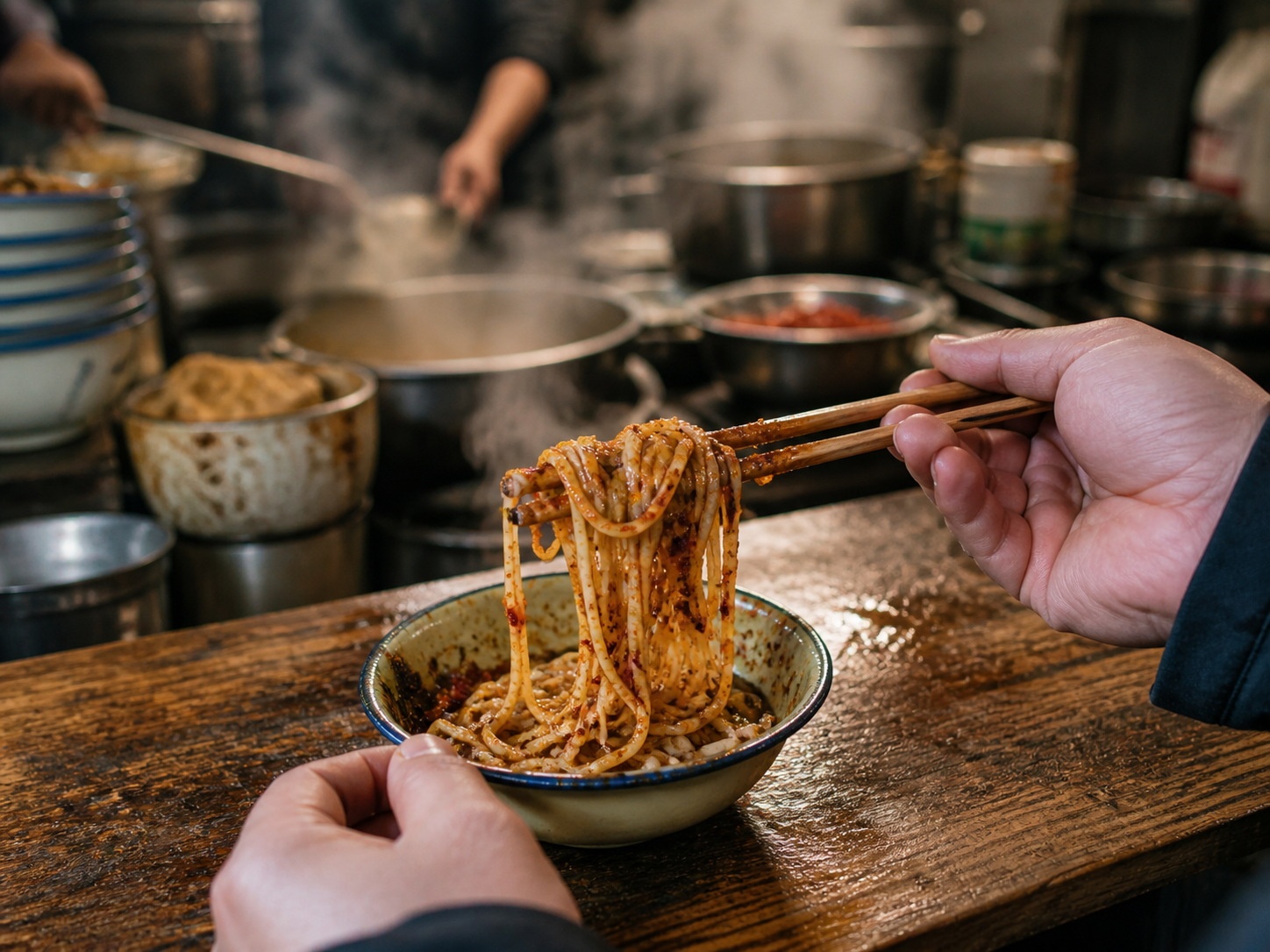 Close-up view of spicy traditional Chinese noodles being eaten with chopsticks at a local street stall