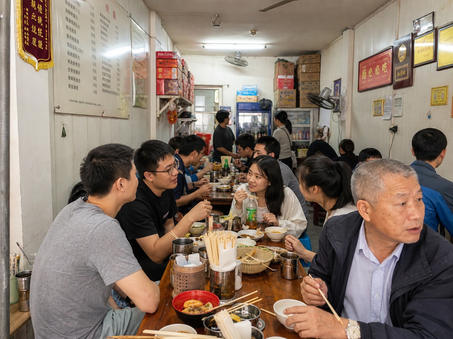 Young professionals and locals sharing a meal at a traditional community snack shop