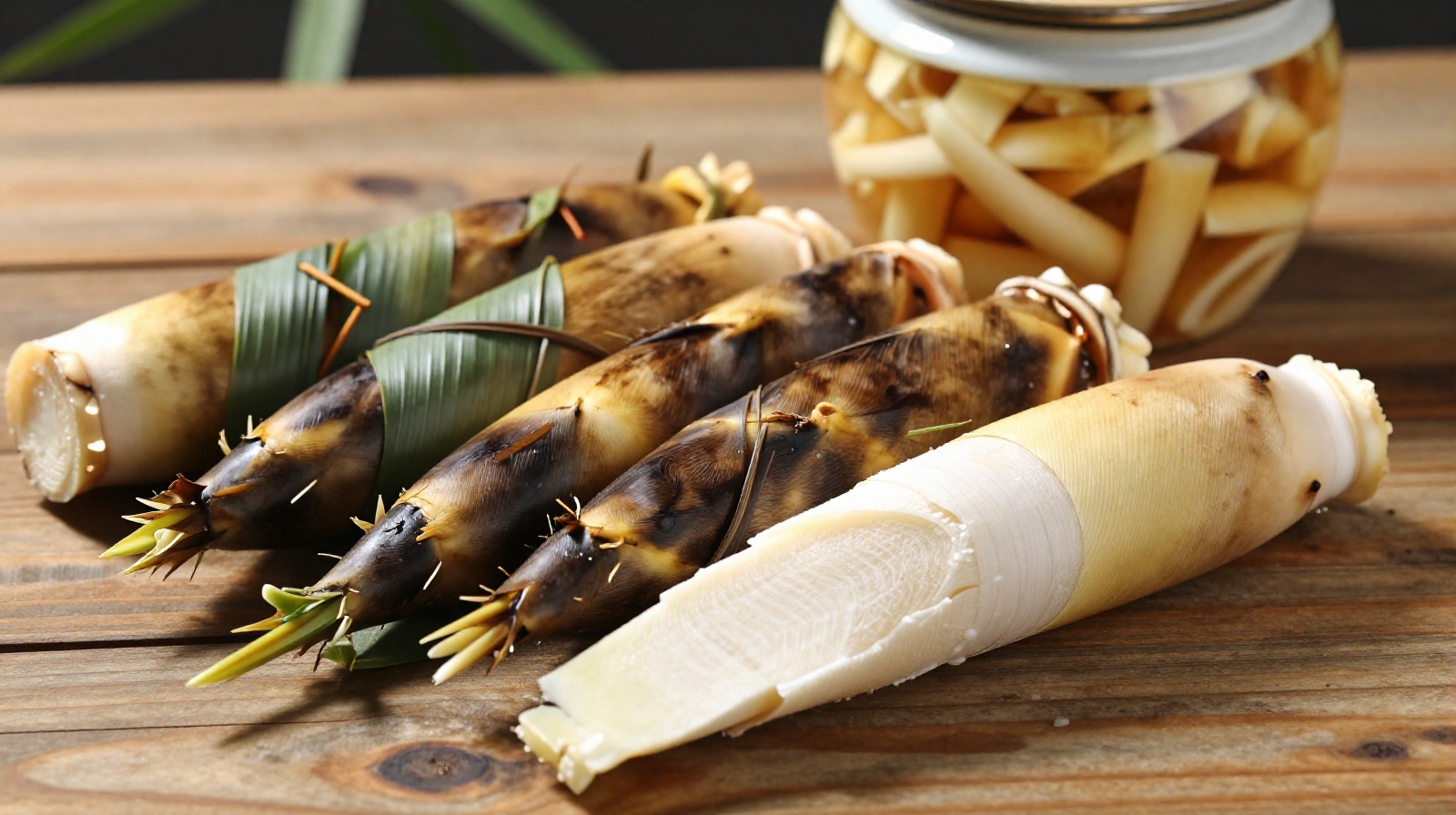 A variety of fresh and fermented bamboo shoots displayed on a wooden table, showing different textures and preparation styles in Chinese cuisine.