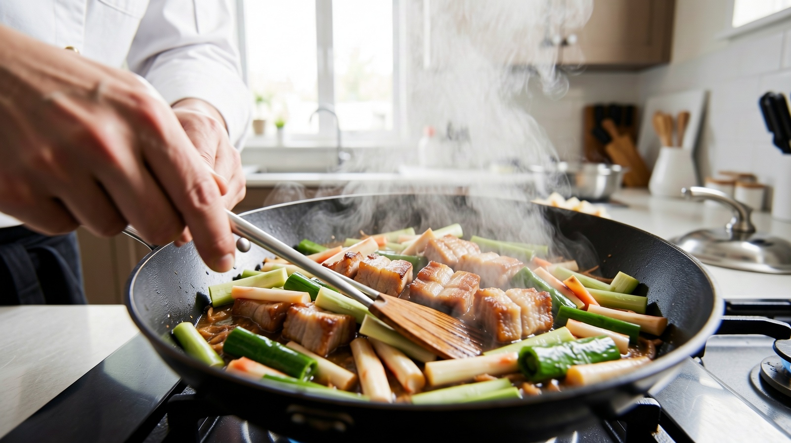 A chef stir-frying pork belly with sour bamboo shoots in a wok, illustrating a classic regional Chinese home dish.