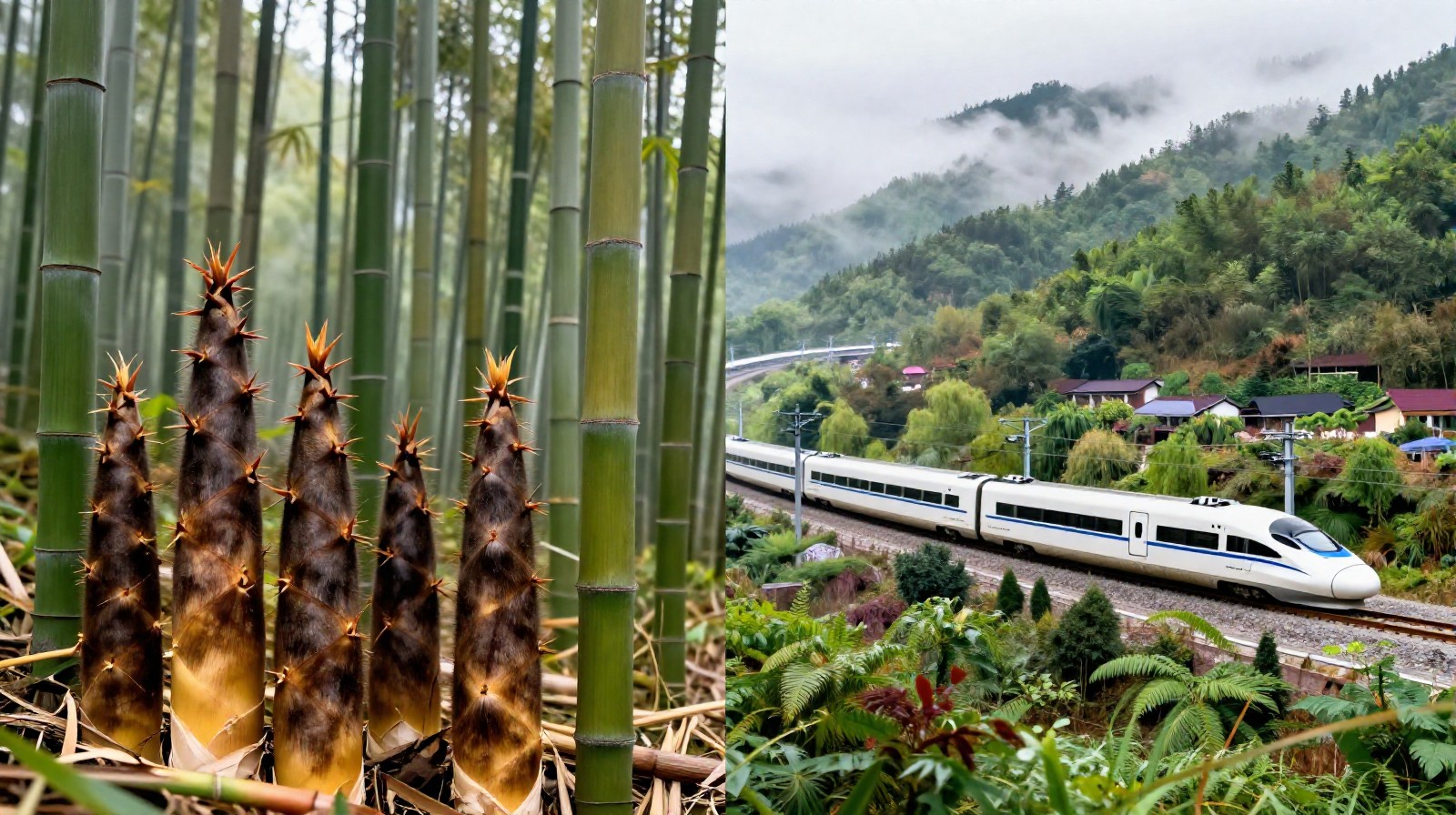Fresh bamboo shoots in a Yunnan mountain forest and high-speed trains representing China's efficient rural-to-urban food supply chain.