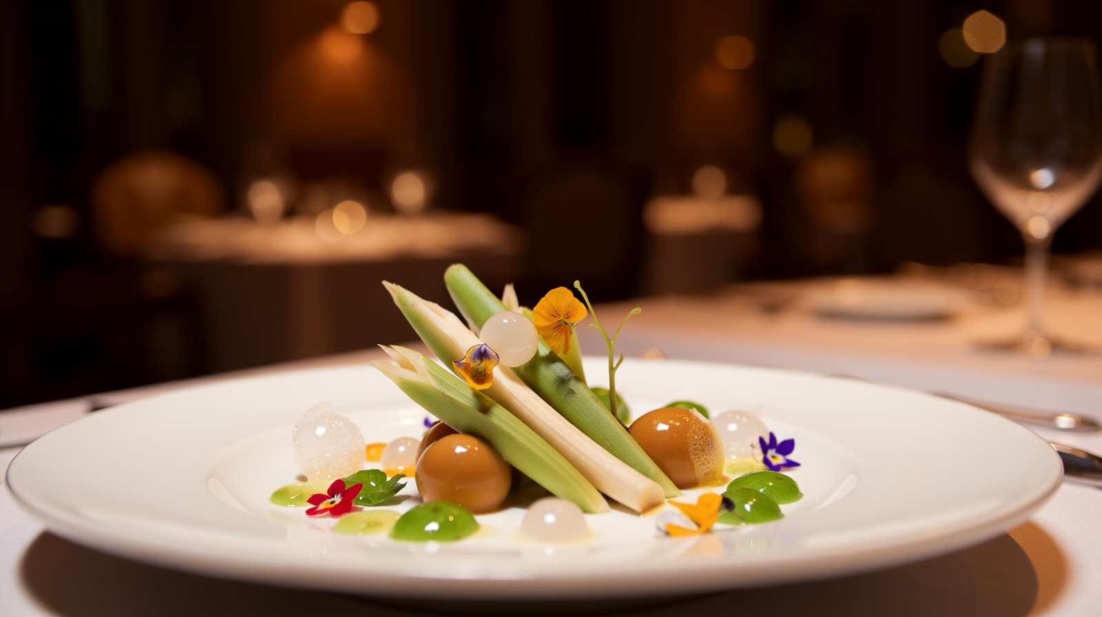 An elegantly plated modern Chinese dish featuring bamboo shoots as the central ingredient, showcasing fine dining presentation.