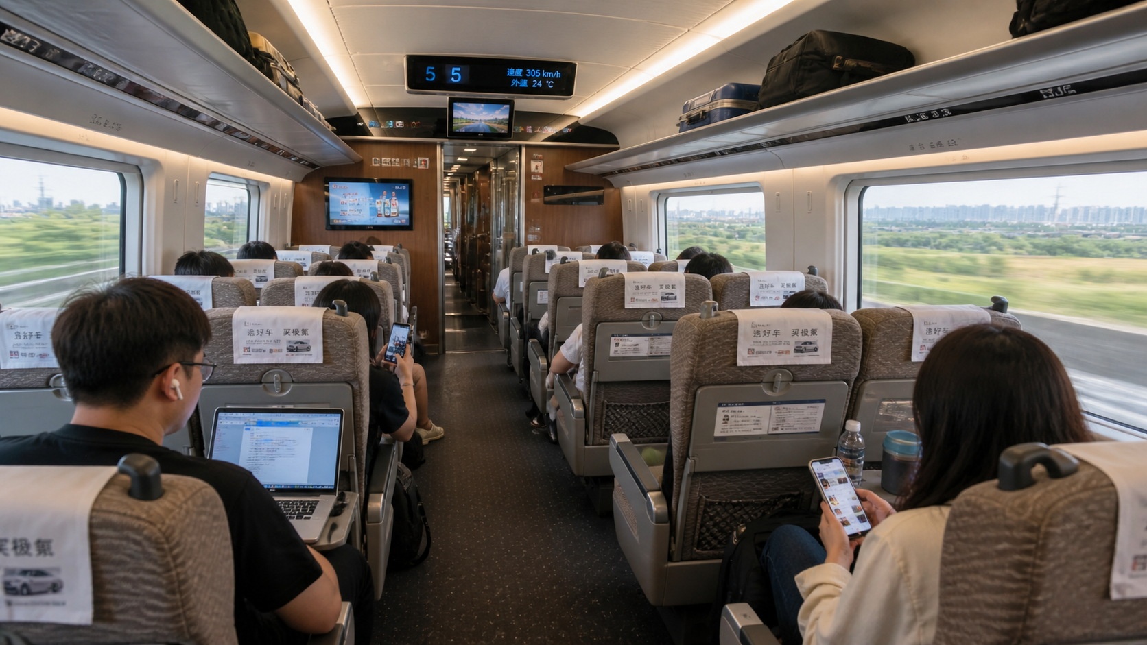 Passengers relaxing inside a Chinese high-speed train carriage during the journey from Shijiazhuang to Qinhuangdao