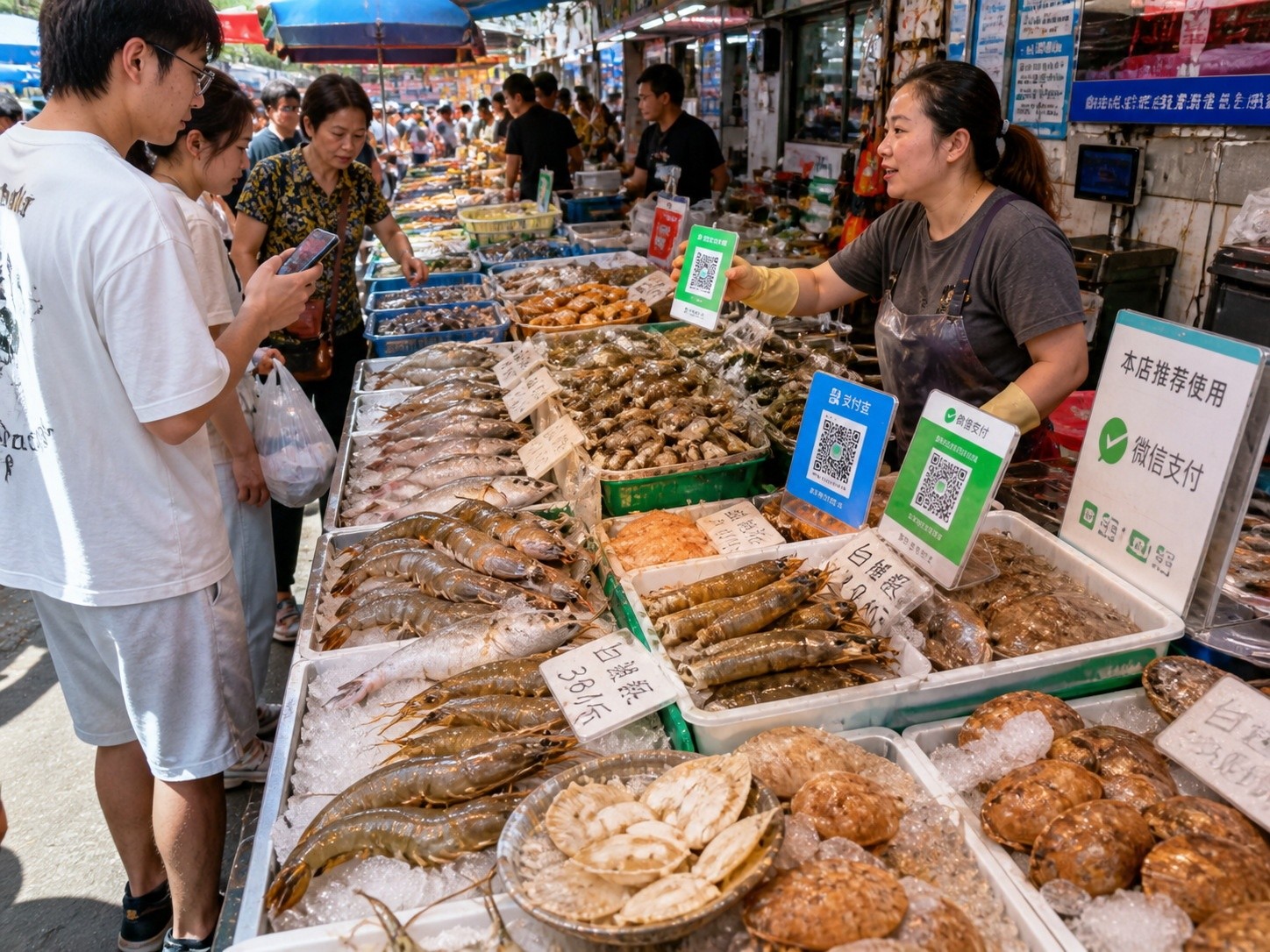 Fresh seafood market scene in Qinhuangdao showing local commerce and digital payments