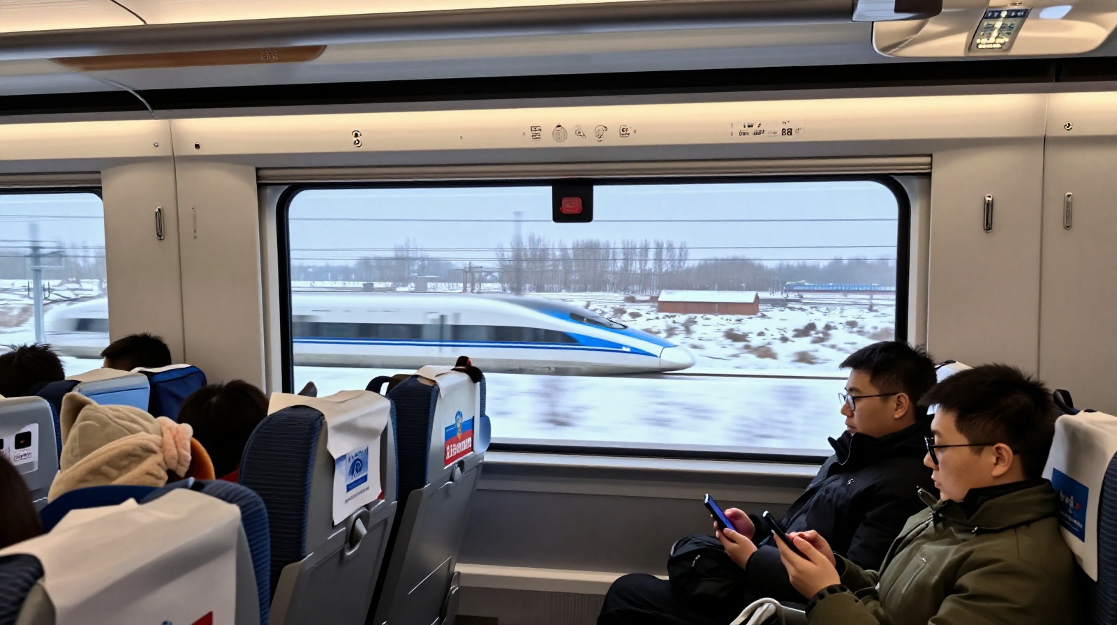 High-speed rail journey through snow-covered landscapes towards Chongli