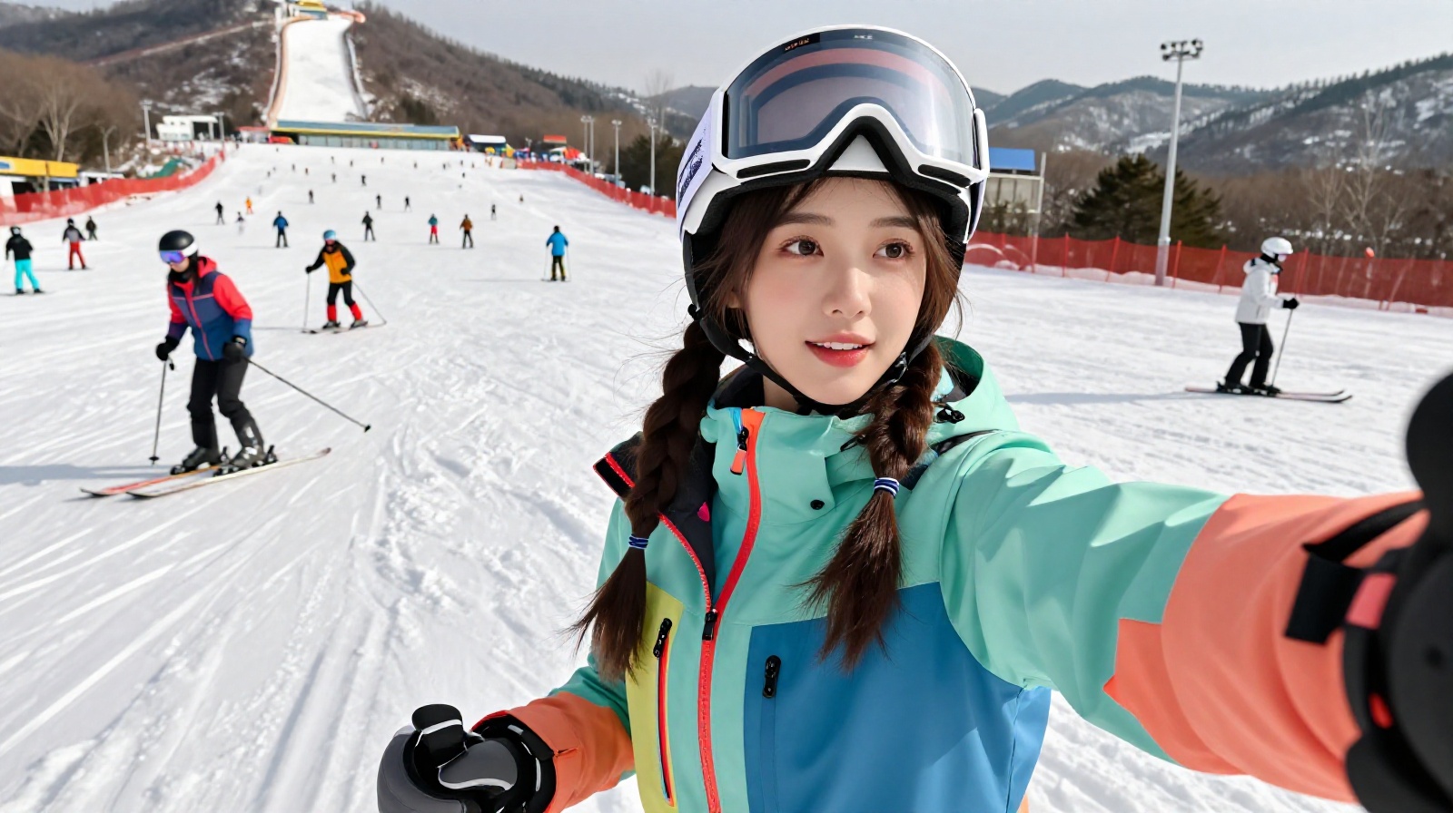 Young woman taking a selfie on a ski slope in Chongli