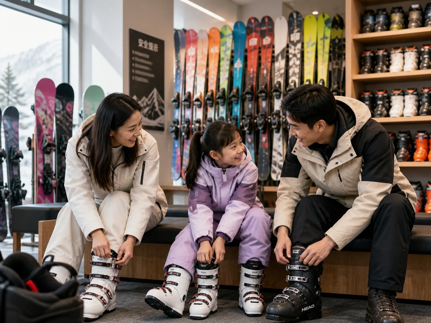 Chinese family preparing skiing gear in a Chongli resort rental shop