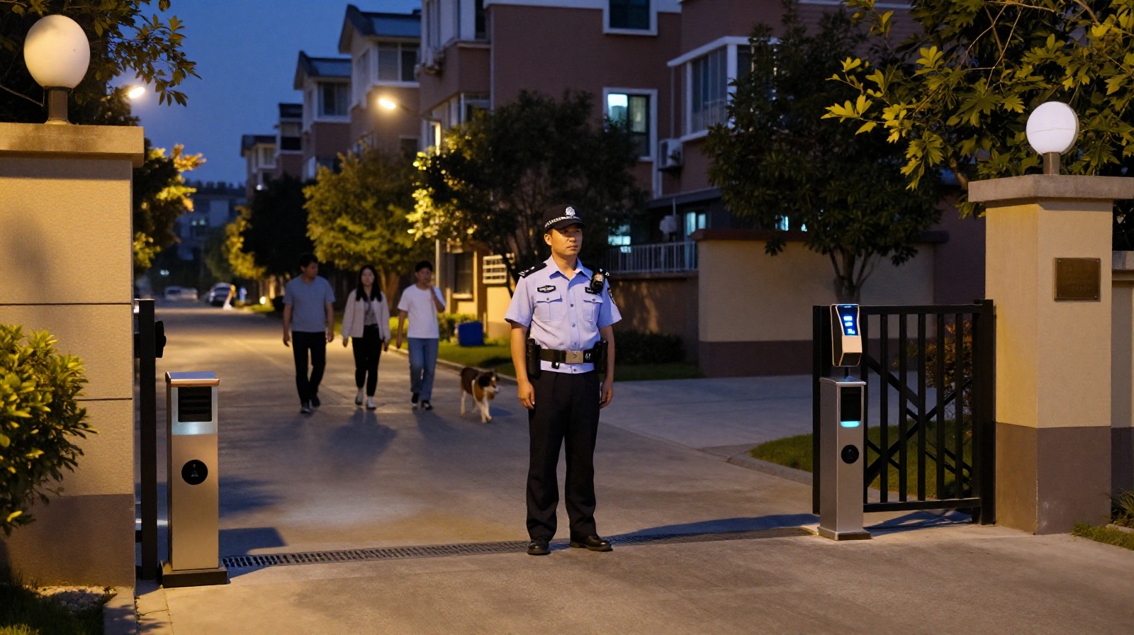A police officer patrolling a residential neighborhood in China at night, showing visible security presence that contributes to public safety.