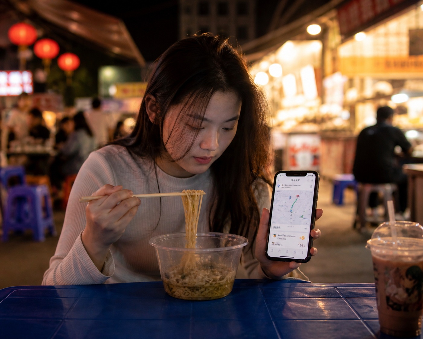 A young woman dining alone at a night market stall in China, checking her phone for transportation, illustrating the safety of solo nighttime activities.