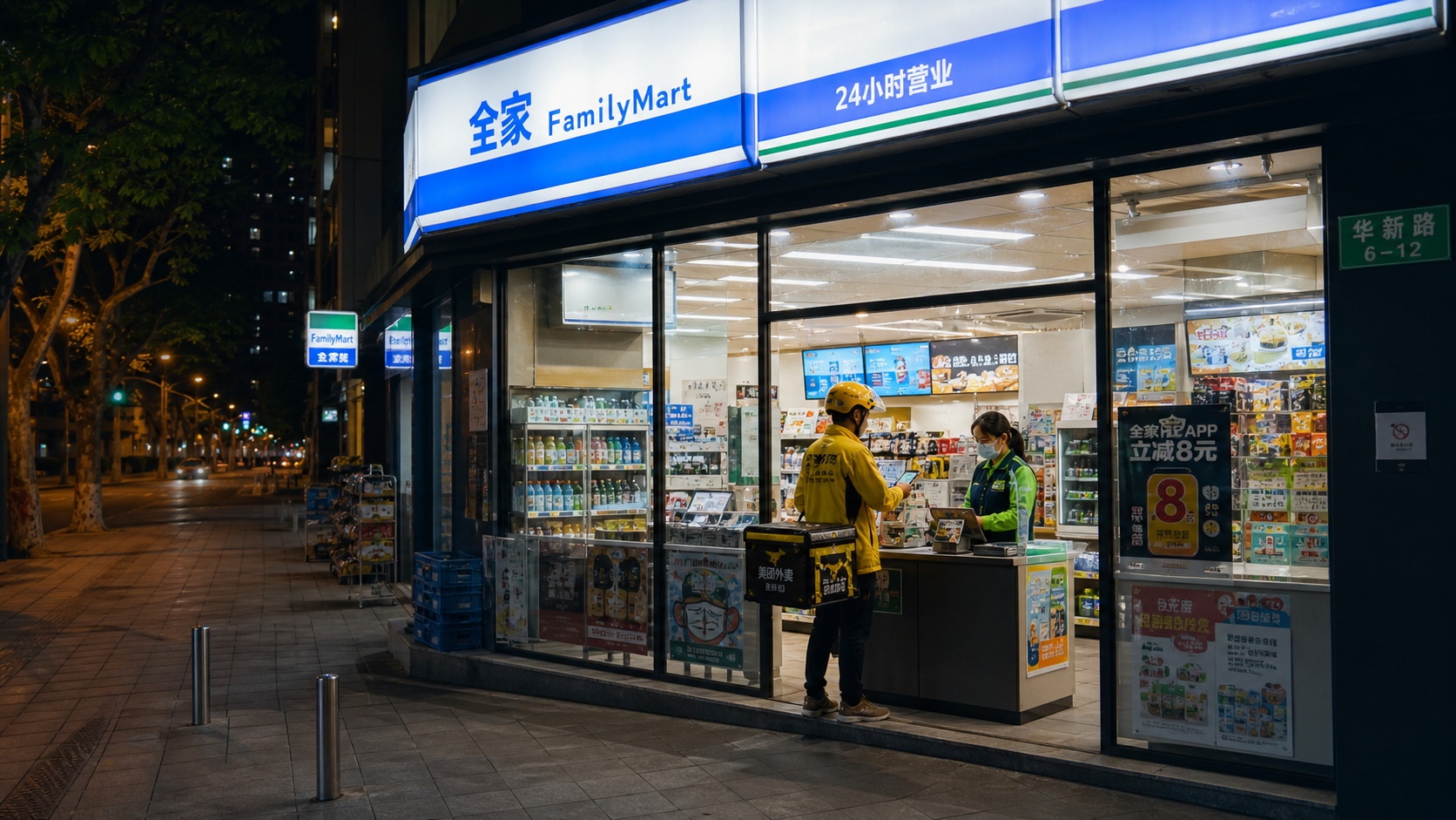 Inside a 24-hour convenience store in China at night, highlighting the infrastructure of the night economy and constant urban activity.