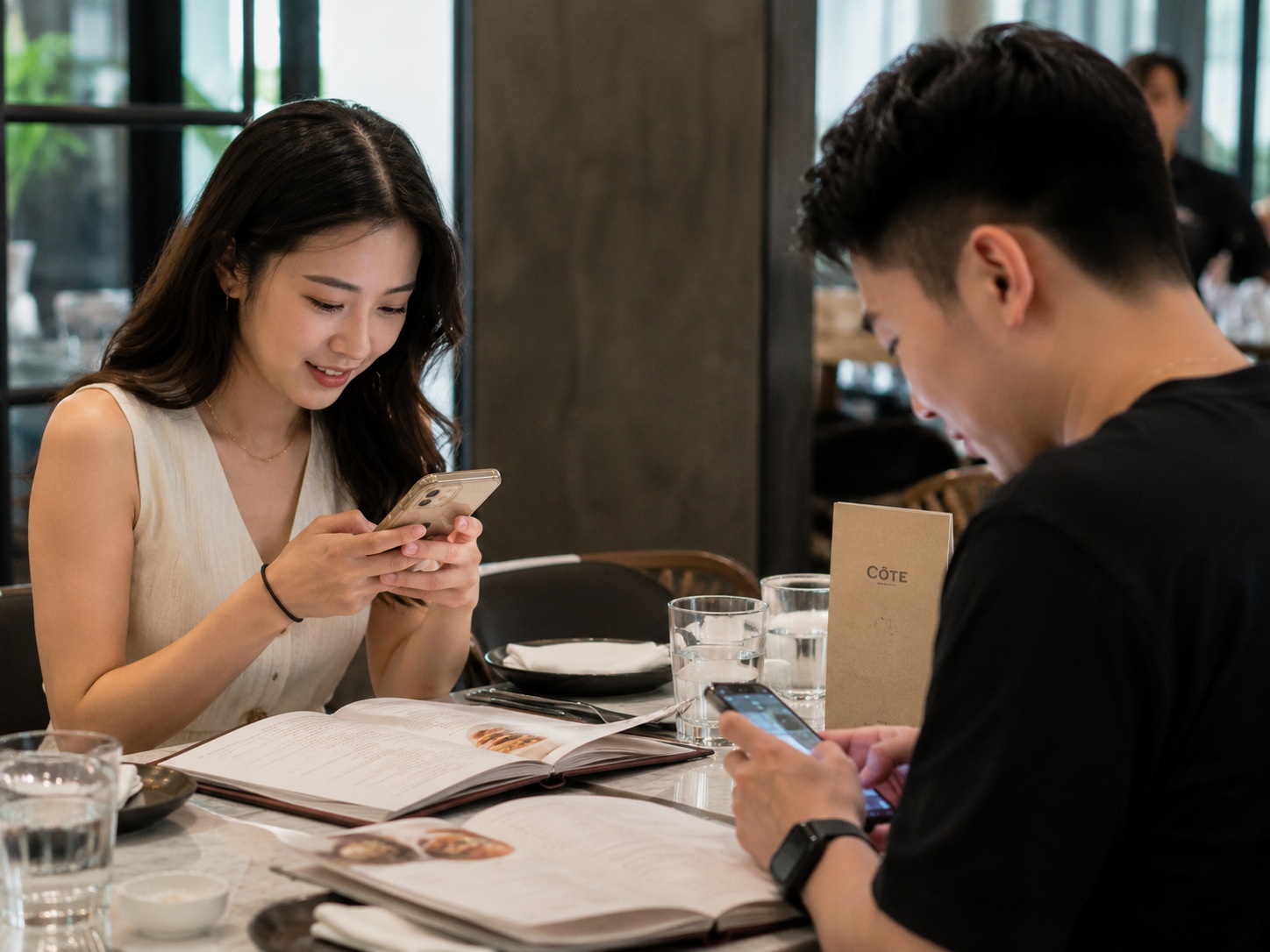 Two young Chinese friends interacting casually over dinner, representing the lightweight social relationship known as 'dazi' culture.