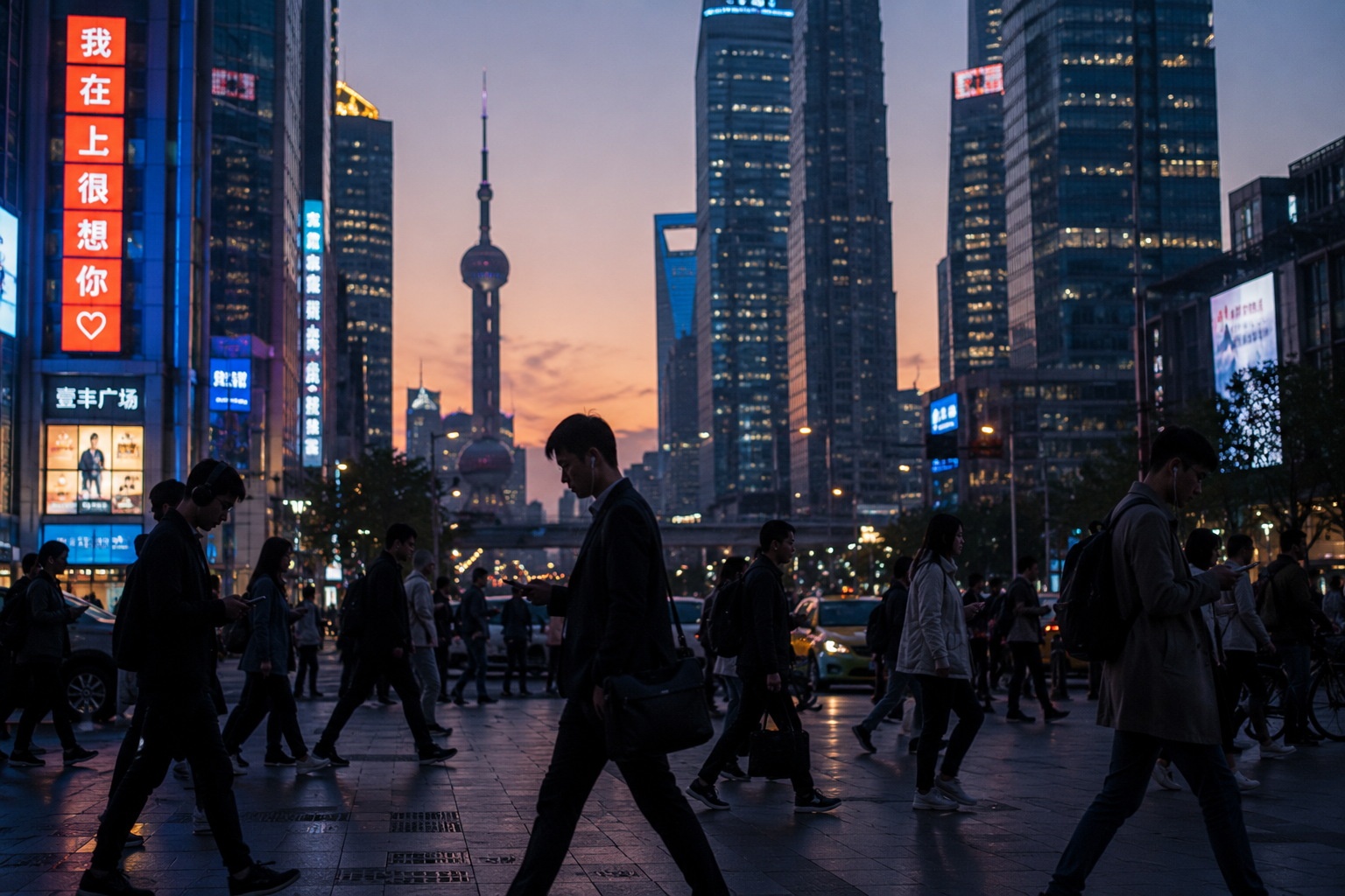 Urban loneliness in modern China: young professionals walking alone in a bustling city at dusk.