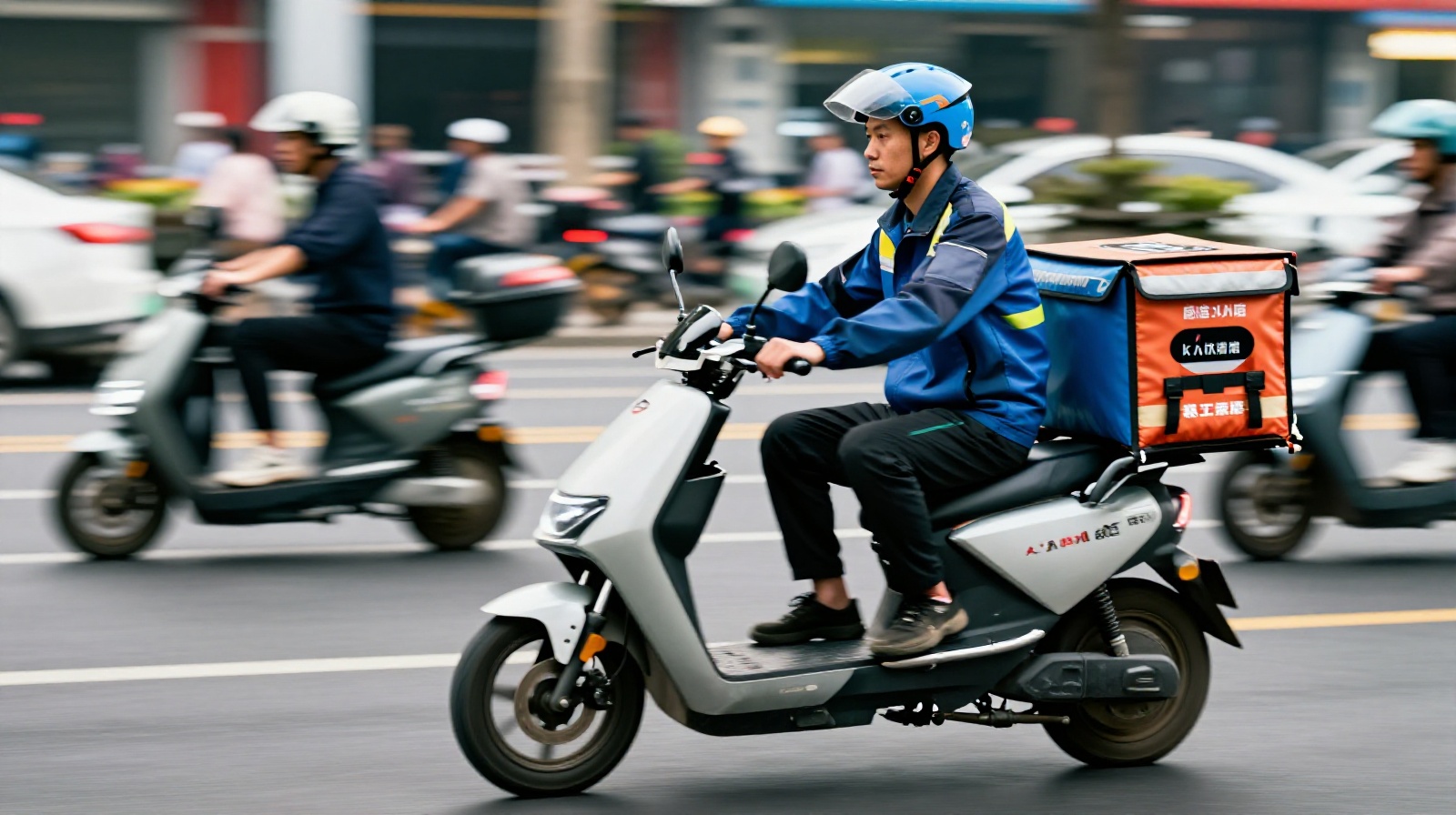 A Chinese delivery worker on an electric scooter transporting packages through city traffic, highlighting the human element of logistics.