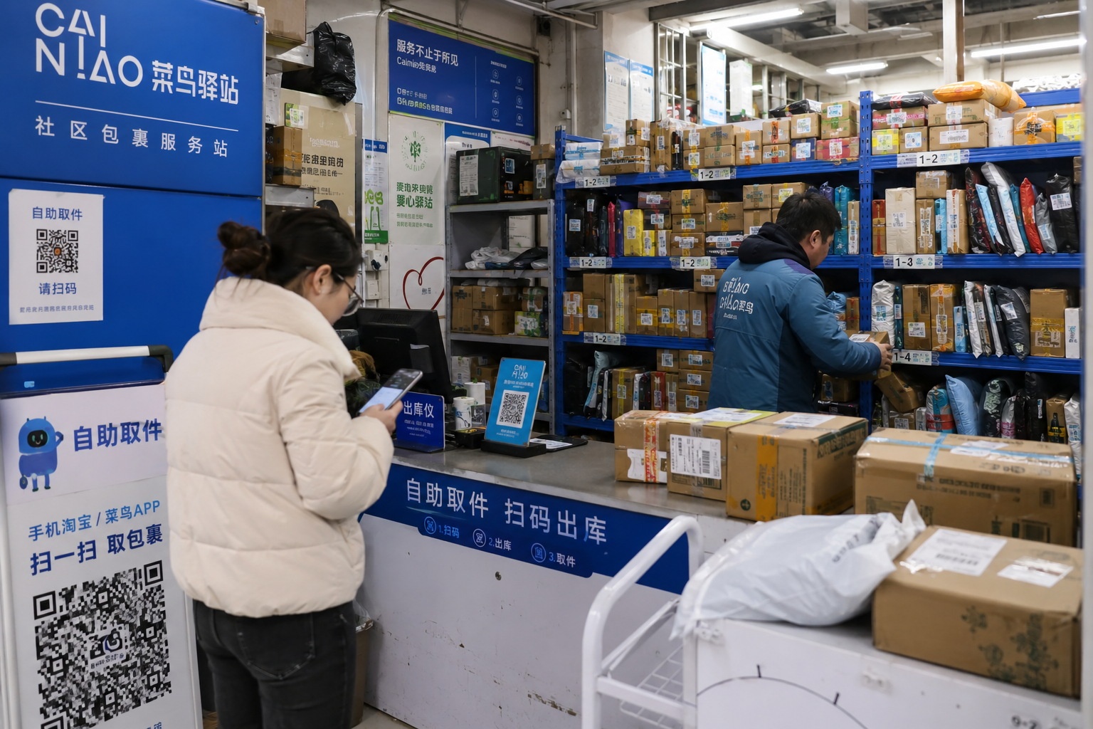 Interior view of a Chinese community logistics station (Cainiao Station) filled with sorted packages on shelves, illustrating the last-mile pickup model.