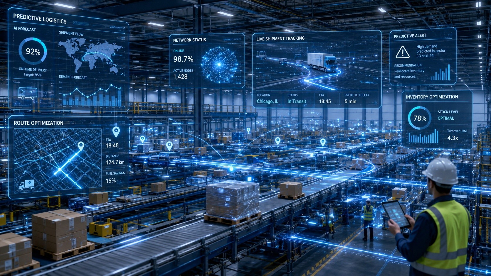 Visualization of China's predictive logistics system, showing how data moves to optimize delivery routes before packages are shipped.
