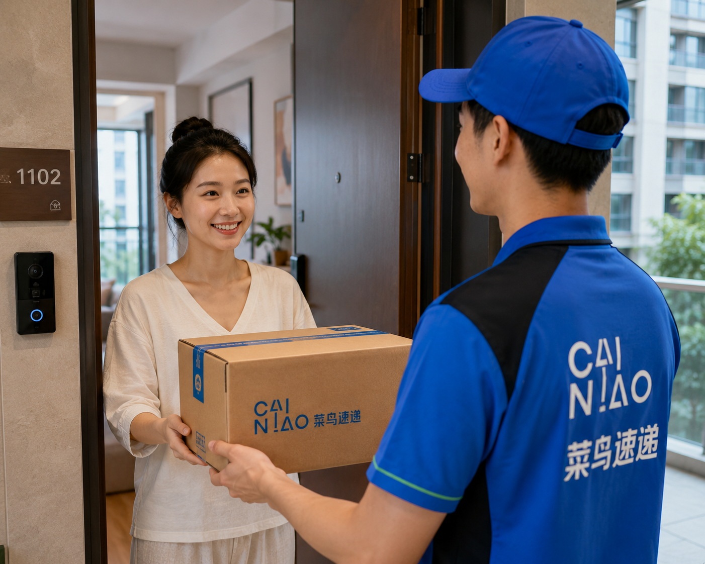 Courier delivering a package to a resident's doorstep in China