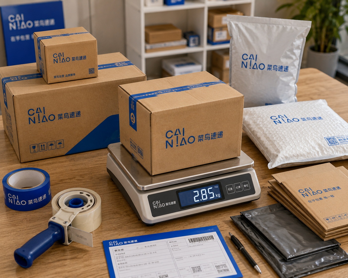 Packaging materials and a digital scale for weighing packages before shipping