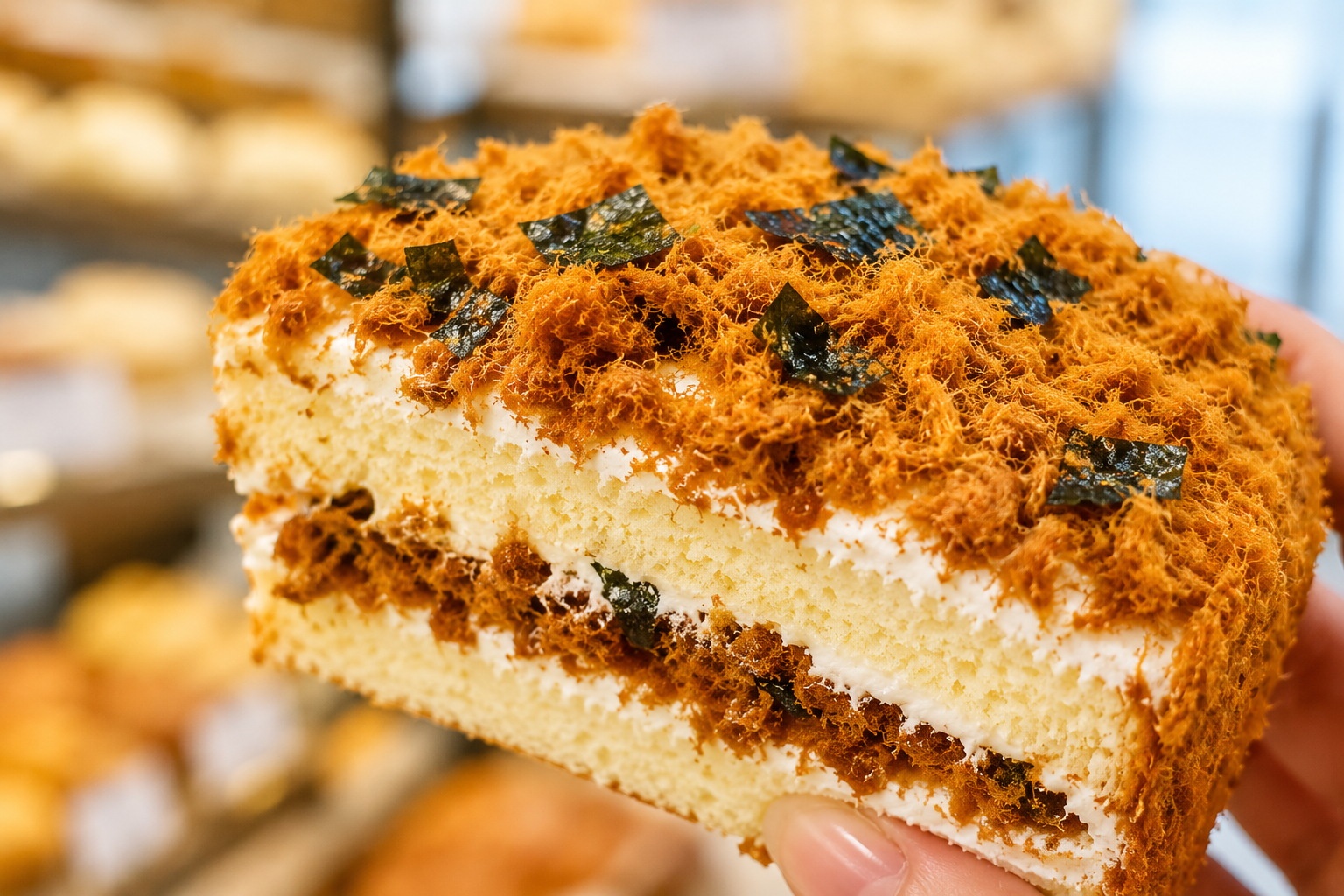 Close-up of a Chinese meat floss cake showing layers of sponge, sweet cream, and savory pork floss topped with seaweed flakes.