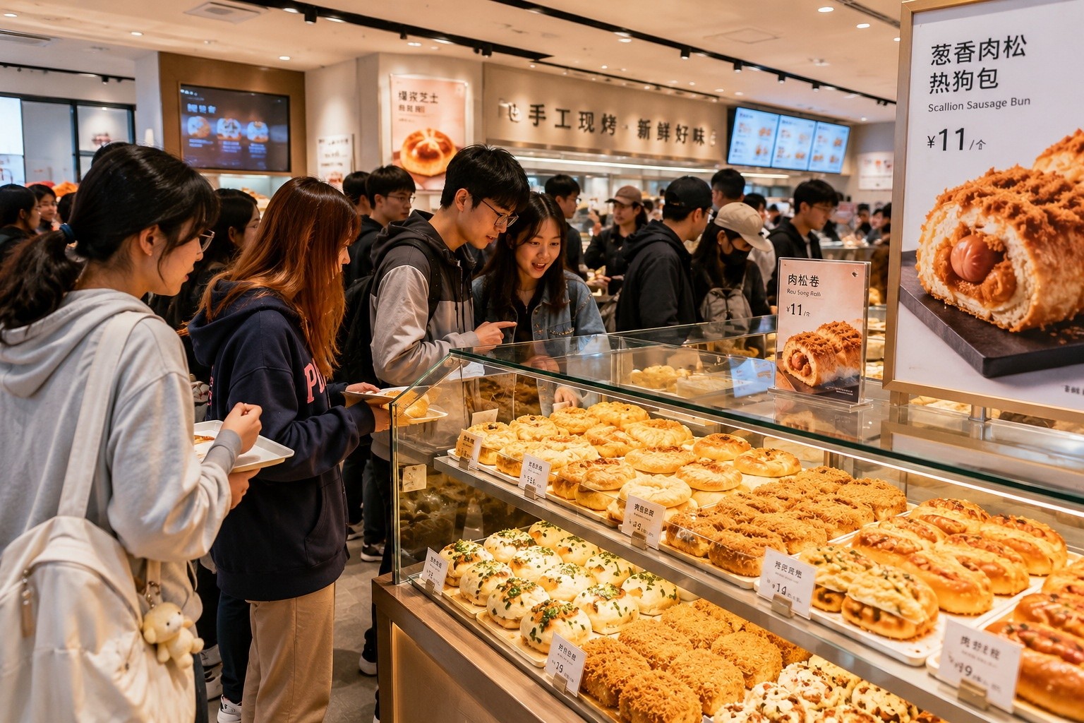 Young customers selecting pastries from a display case in a modern Chinese bakery chain.