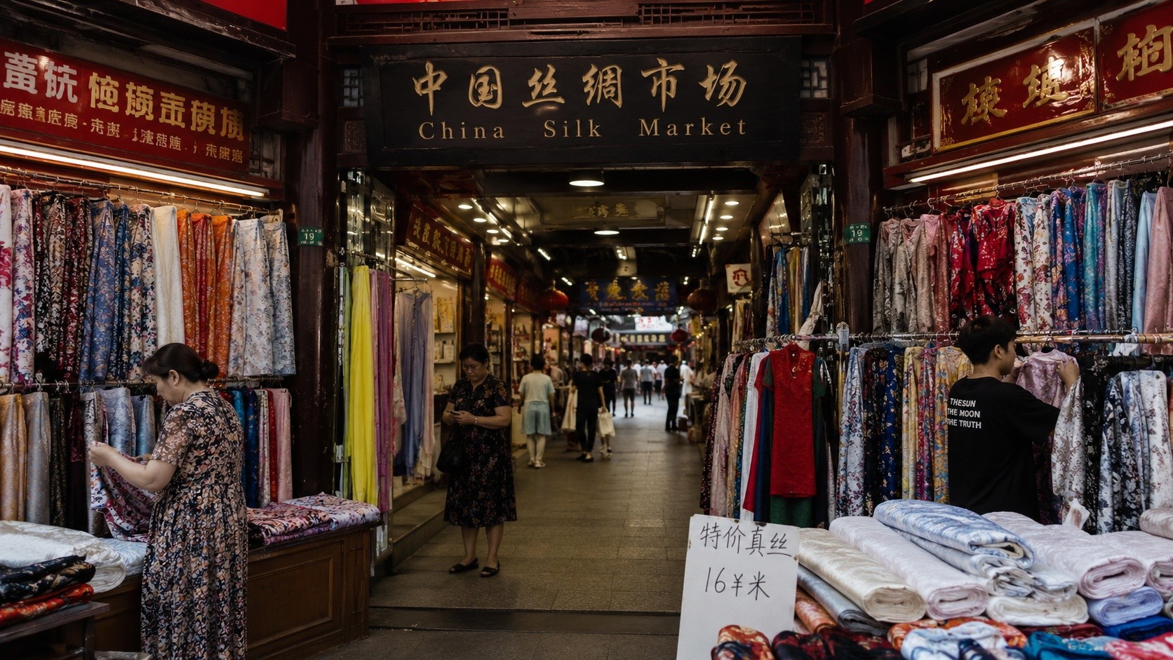 Interior view of a busy Chinese textile market with stalls displaying colorful fabrics and jackets