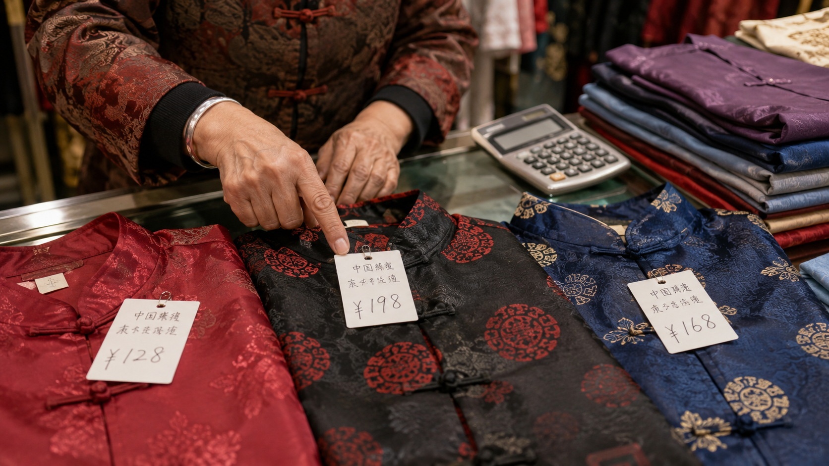 Market stall pricing display with visible tags and folded garments ready for customer inspection