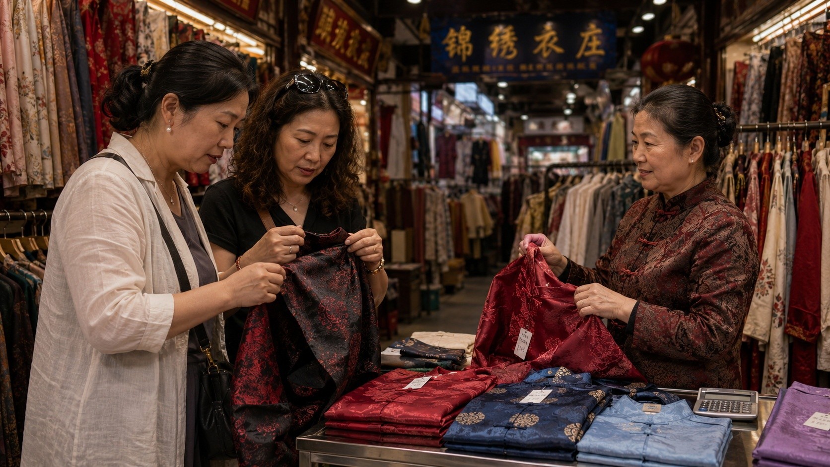 Travelers inspecting fabric quality and stitching details before negotiating a purchase in a Chinese market