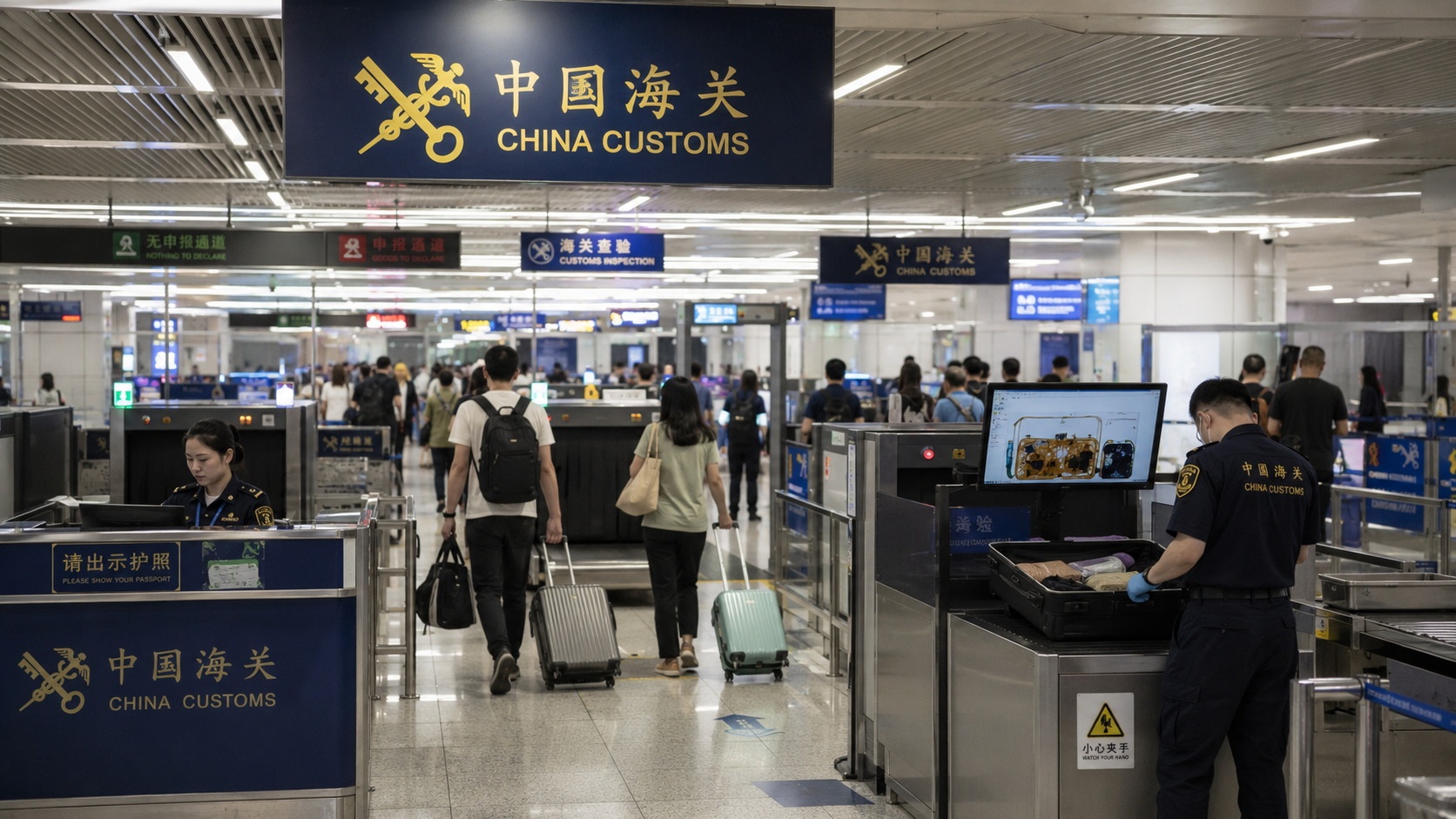 Customs security checkpoint showing routine baggage screening for international travelers