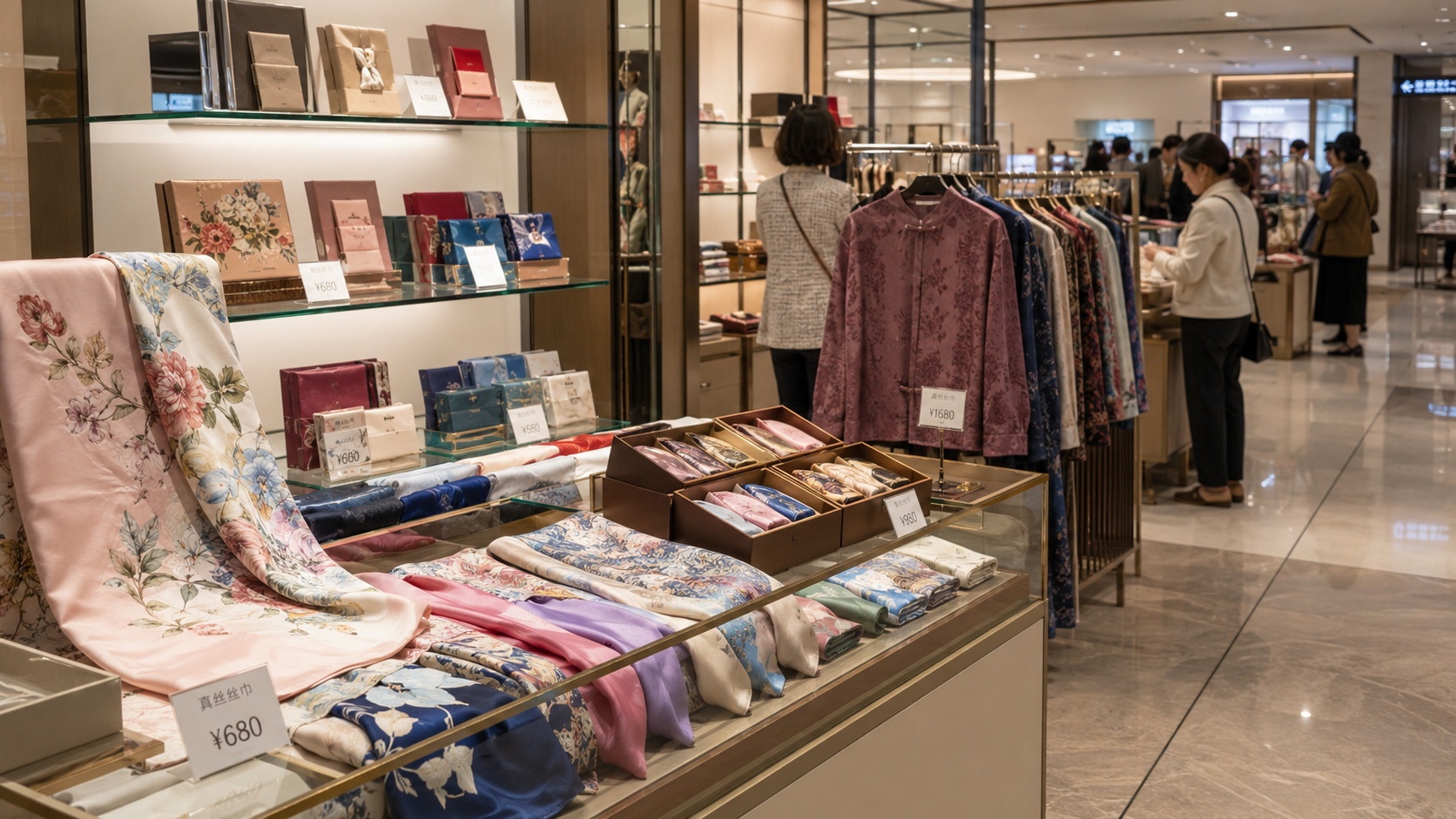Organized retail display of certified silk fabrics in a Chinese department store