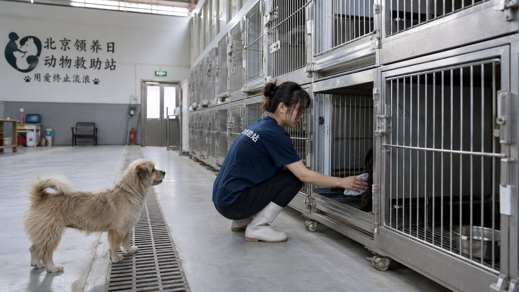 Interior view of a grassroots animal rescue shelter in Beijing with volunteers caring for dogs in clean kennels.