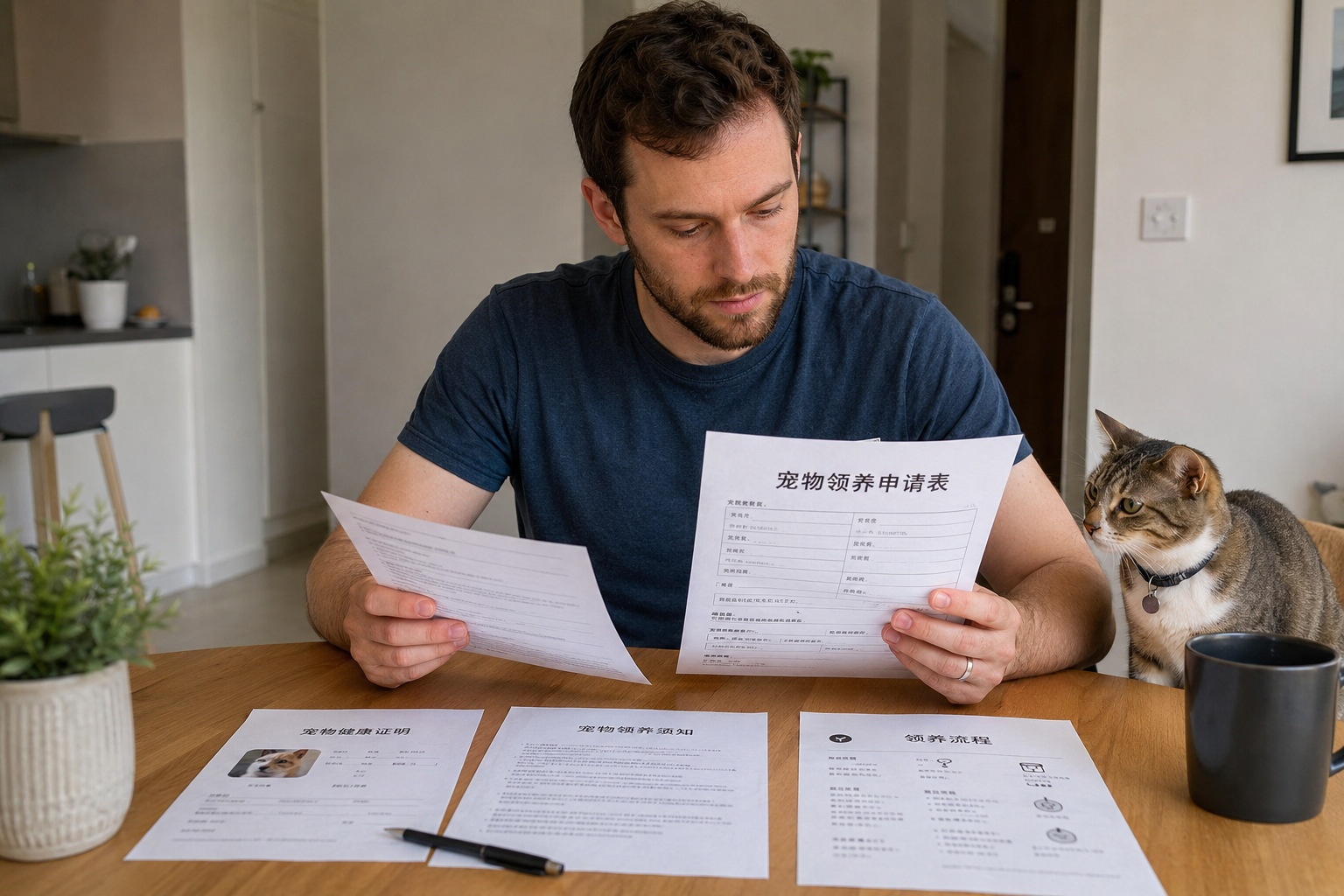 Foreign resident reviewing adoption application documents with a cat nearby.
