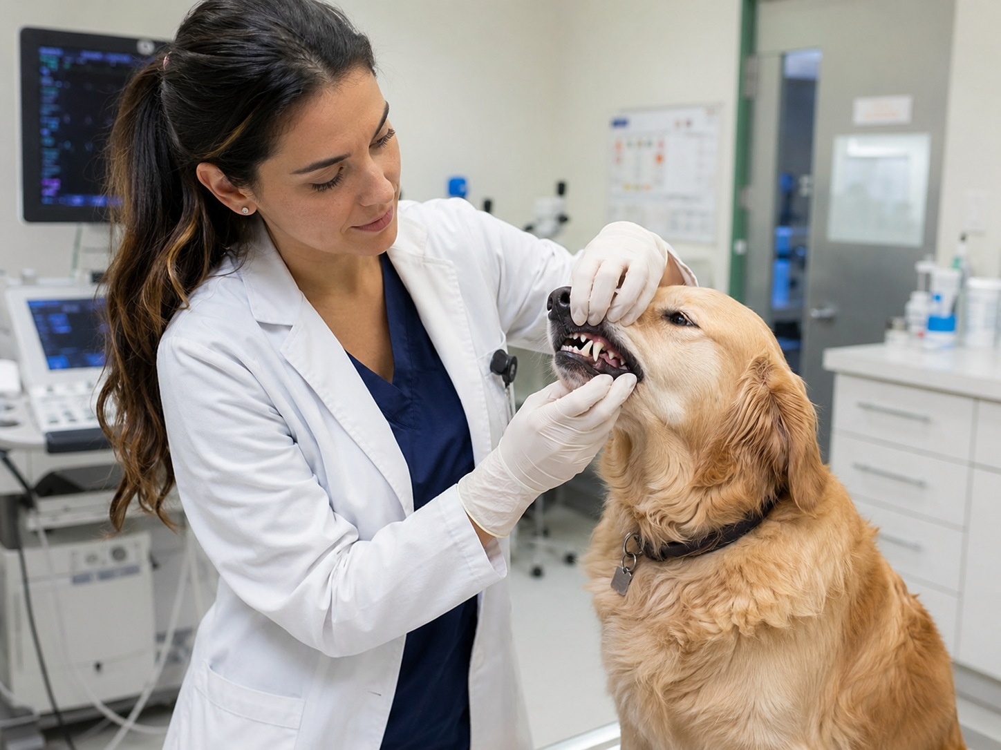 Foreign veterinarian performing a routine health check on a dog in a modern Chinese pet clinic.