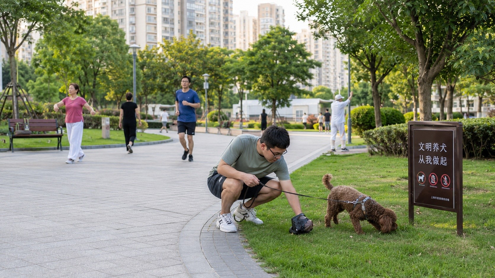 Resident cleaning up after a dog in a Shanghai residential community park.
