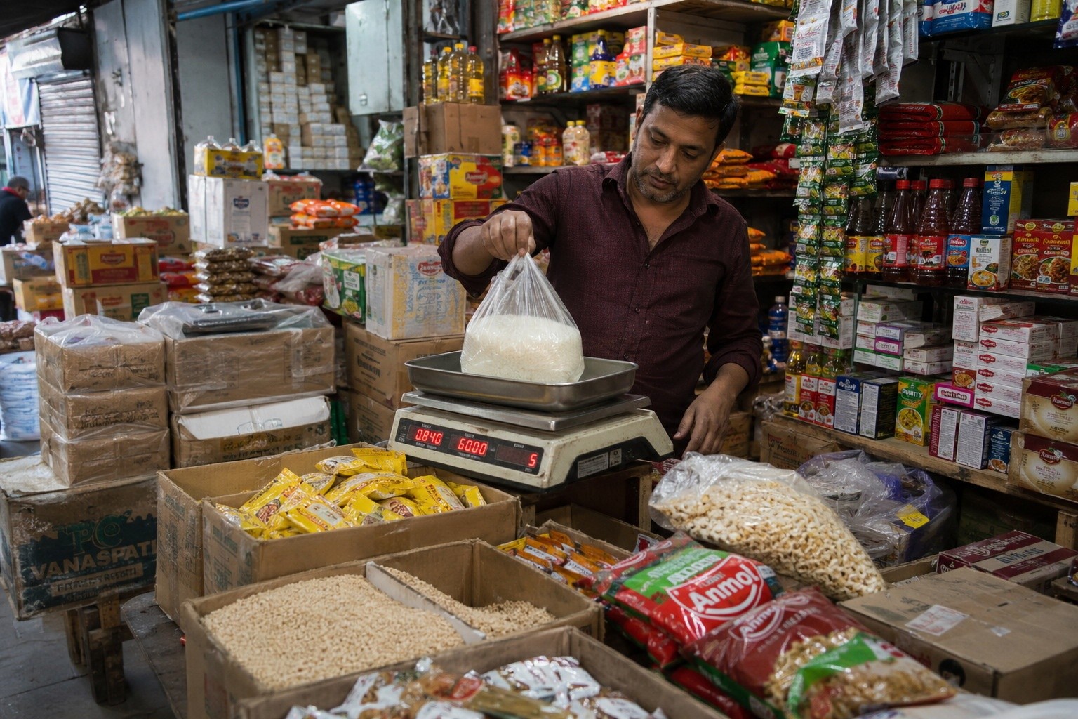 Interior of a wholesale market stall showing stacks of generic packaged souvenirs, illustrating the supply chain behind tourist shops.