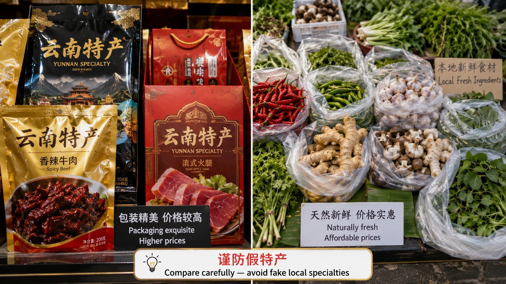 Comparison between expensive packaged tourist souvenirs and simple fresh local produce at a Chinese market.