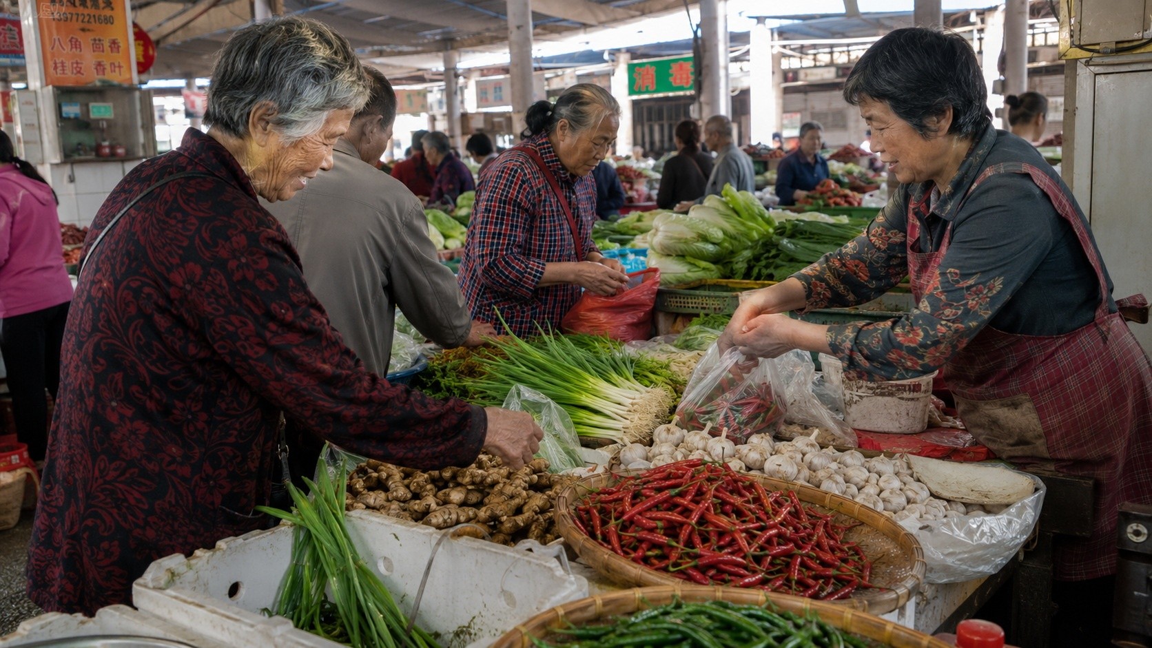 Bustling local agricultural market in China with residents buying fresh produce, showing authentic daily life.