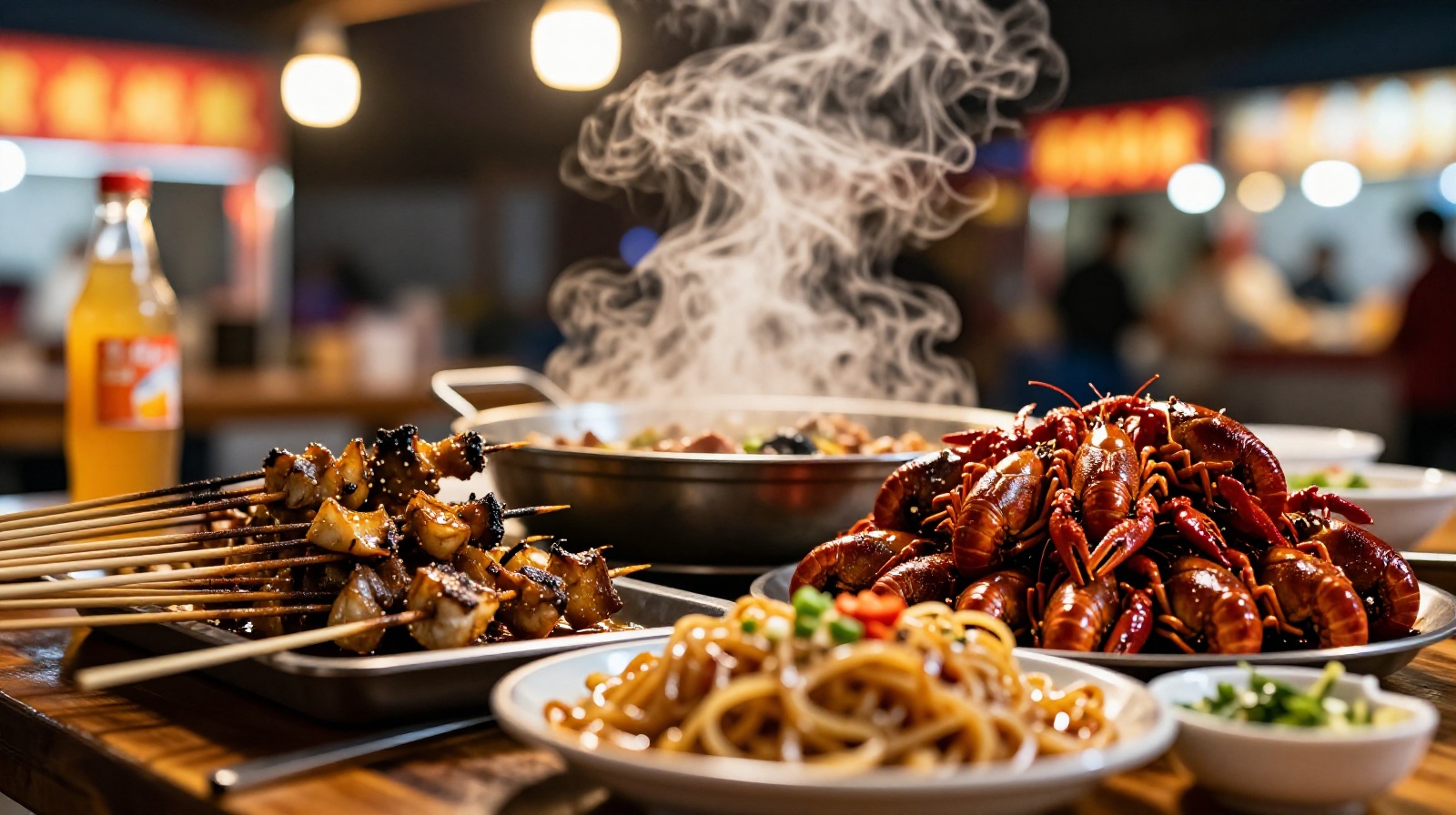 A variety of spicy Chinese street food including grilled skewers and crayfish served on a plastic table at a night market