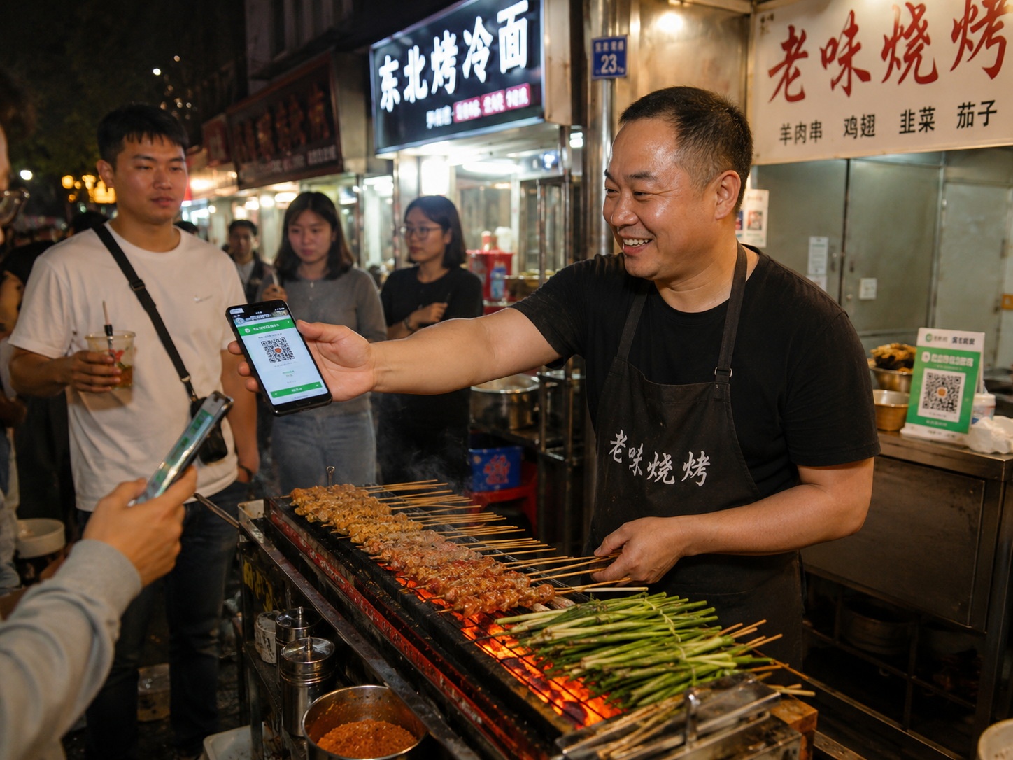 Chinese street food vendor grilling skewers and accepting digital payment at a night market stall