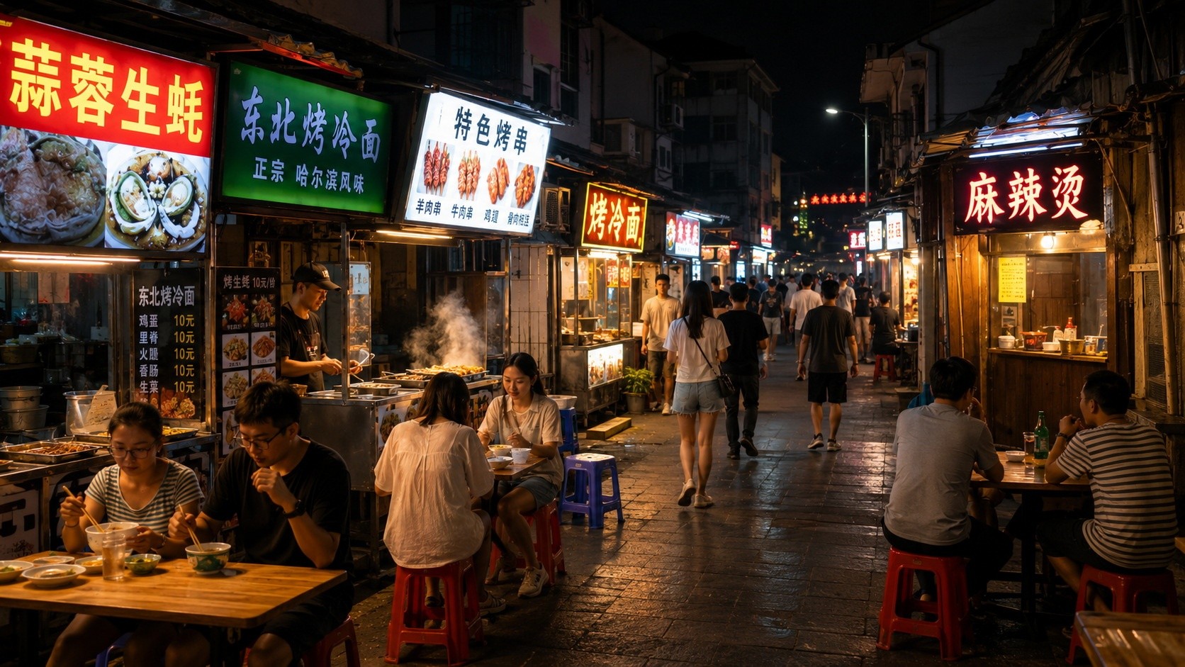 Crowded alleyway of a Chinese night market at night with neon signs and people dining outdoors