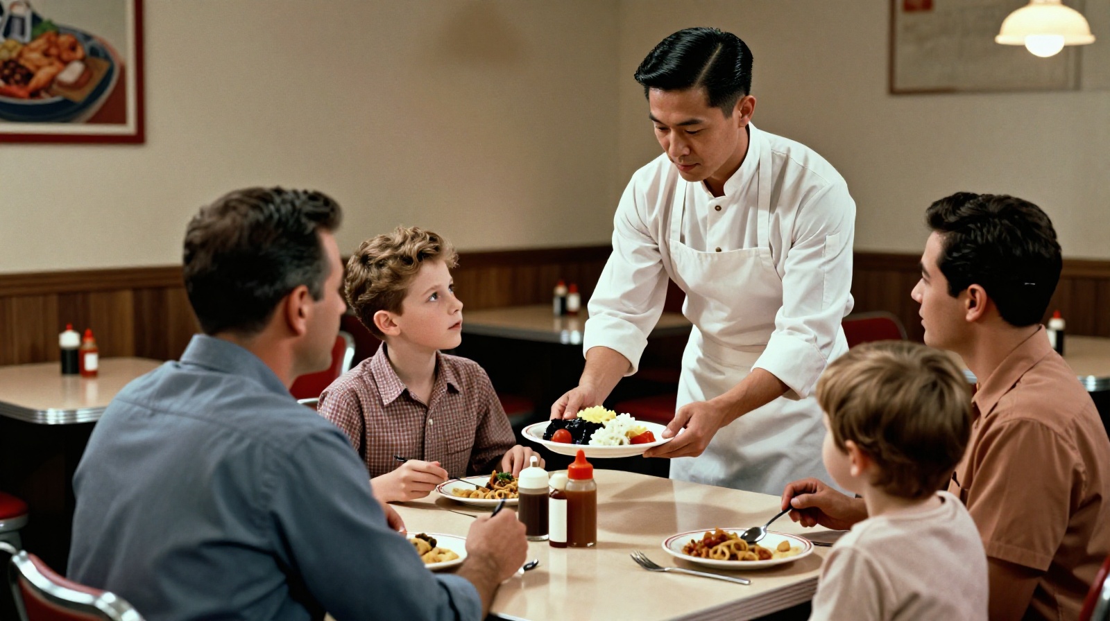 Vintage photo of a Chinese waiter serving food to American customers in a 1960s diner, illustrating the history of Chinese immigration and early American-Chinese cuisine.